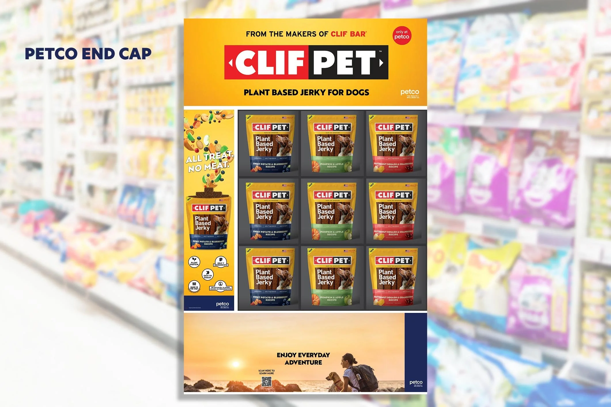 A Clif Pet retail endcap of plant based jerky for dogs found in Petco stores.