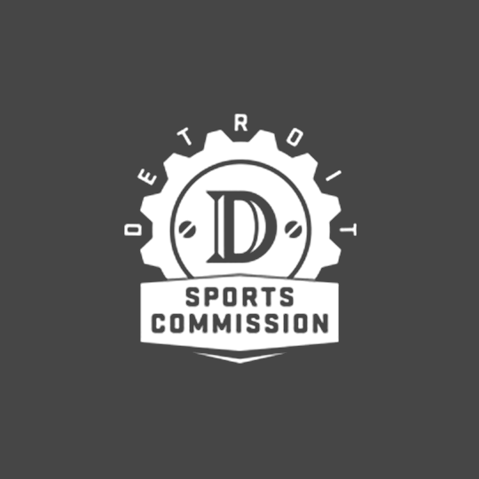 Retro Detroit Sports Commission logo with gear emblem and stylized D