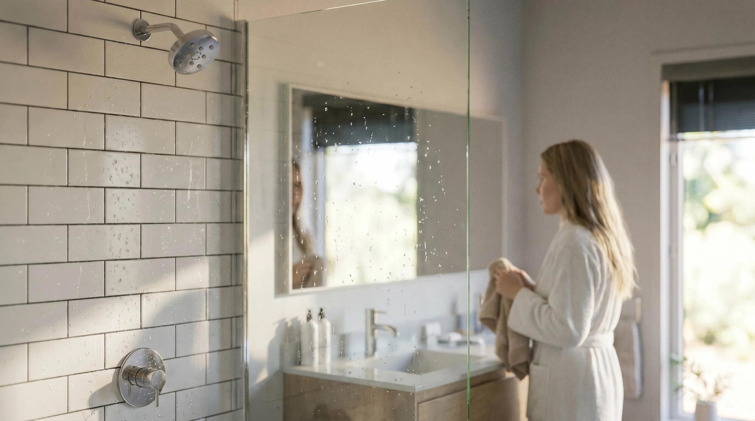 A woman standing in a bathroom, looking into a mirror while holding a towel, with a showerhead and white tiled wall visible in the foreground.