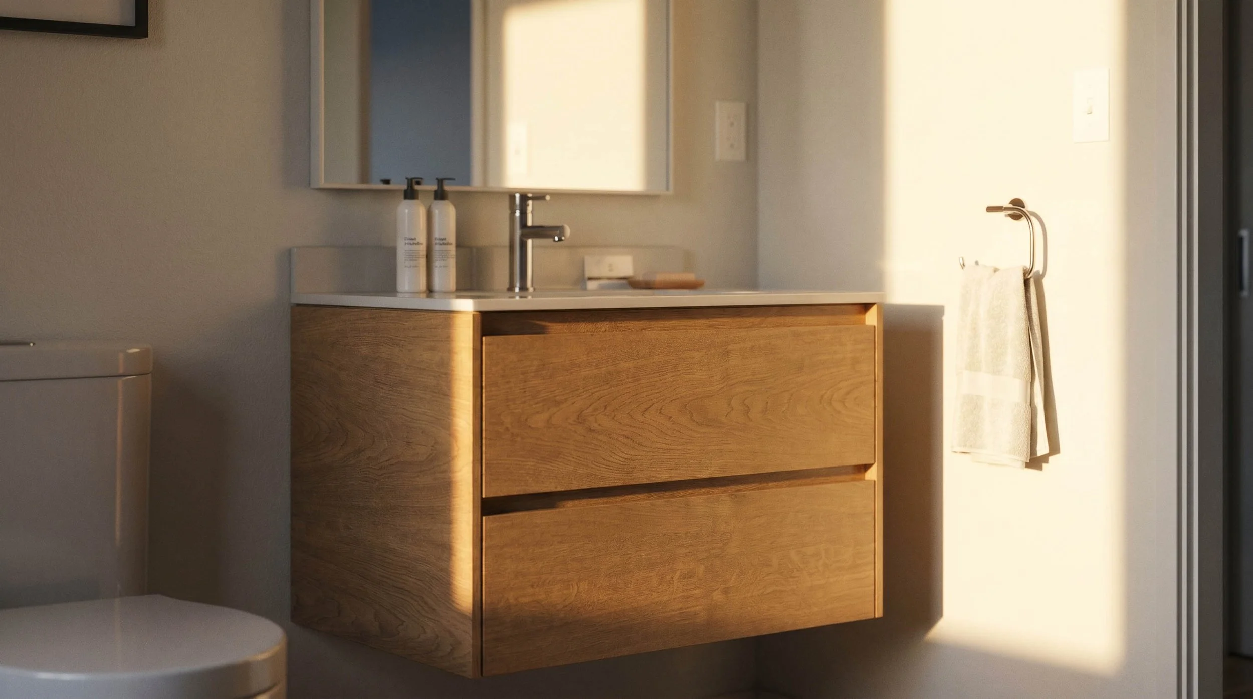A bathroom vanity with a wooden cabinet, a white countertop, a modern faucet, and two white bottles of soap or lotion. A mirror hangs above the sink, and sunlight illuminates the area. A towel is on a hook on the wall to the right.