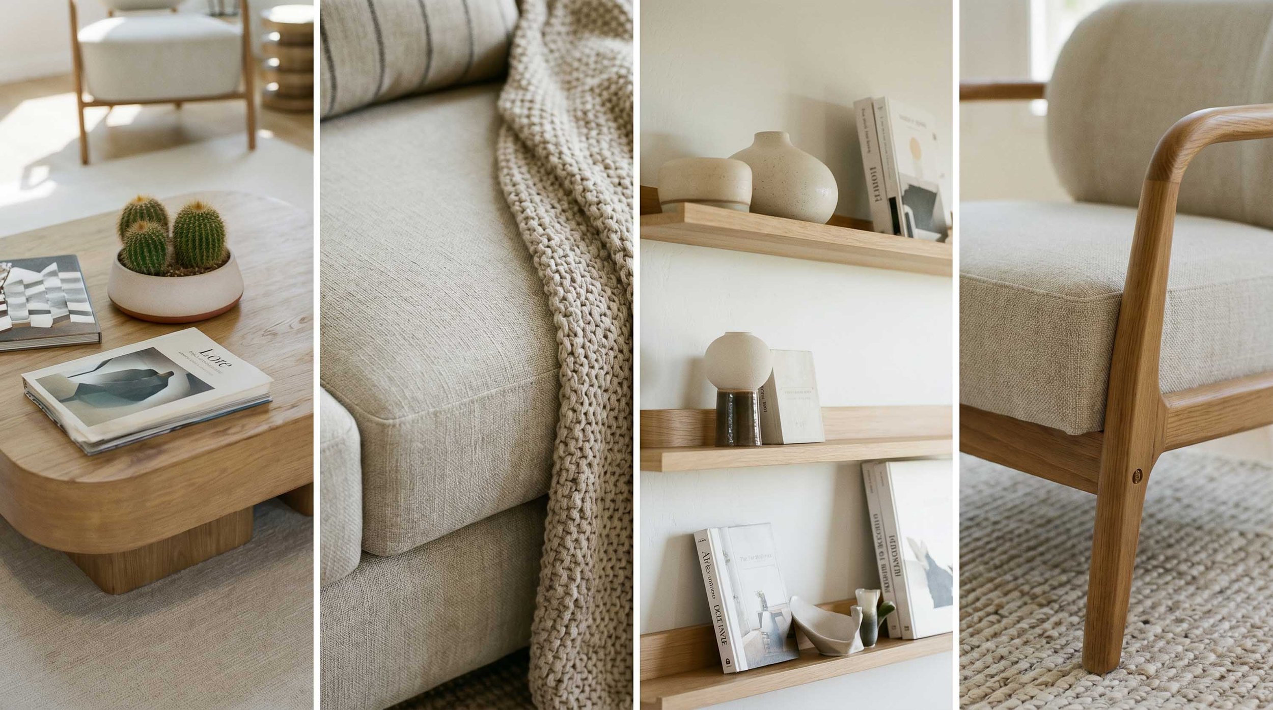 Collage of living room decor including a cactus on a wooden coffee table, beige sofa with a chunky knit throw, wooden floating shelves with vases and books, and a wooden armchair with beige cushions.