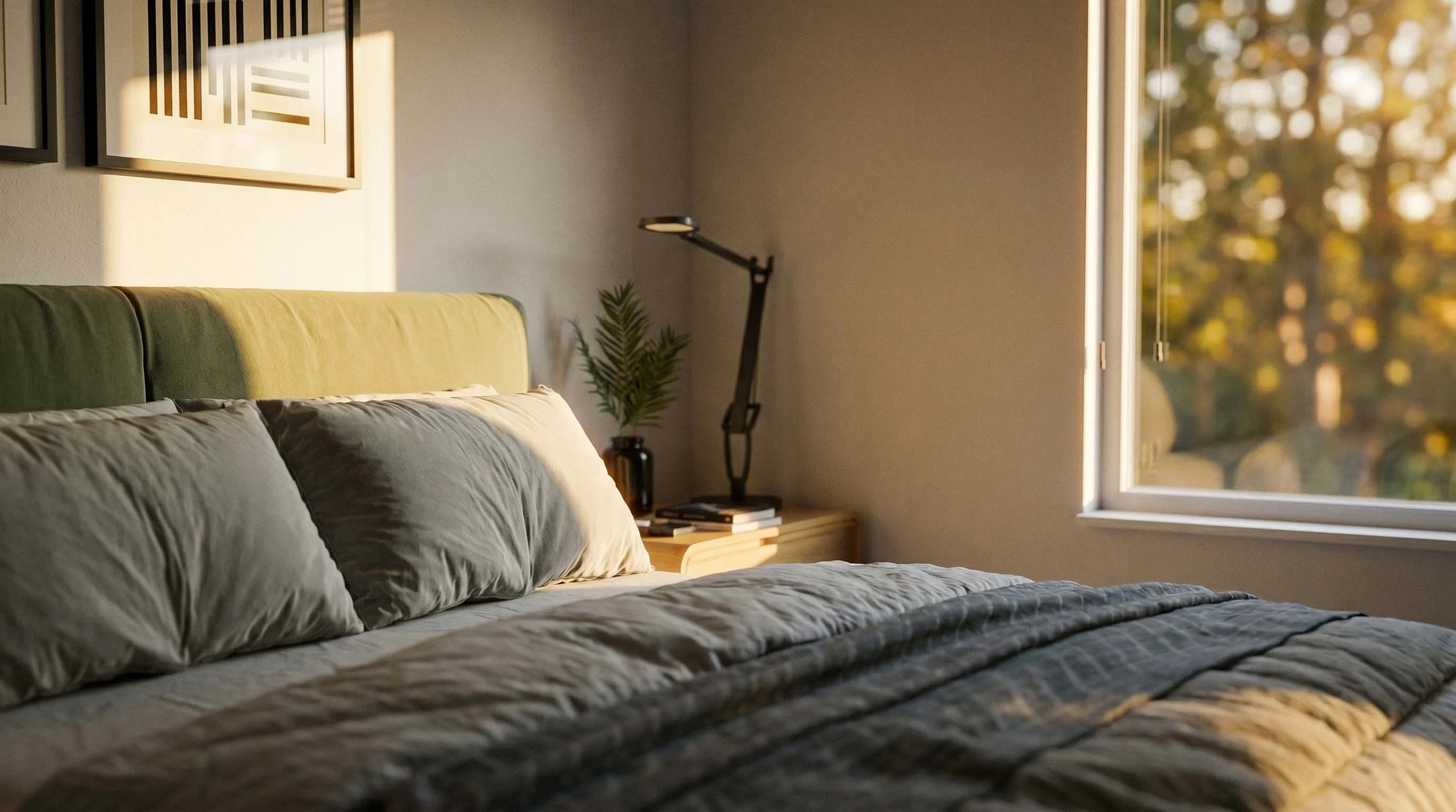 A cozy bedroom with a large bed featuring gray and beige bedding and pillows. Sunlight streams in through a window, illuminating the room. A nightstand with a small stack of books and a black desk lamp, along with a green indoor plant, are visible next to the bed. Wall art hangs above the headboard.