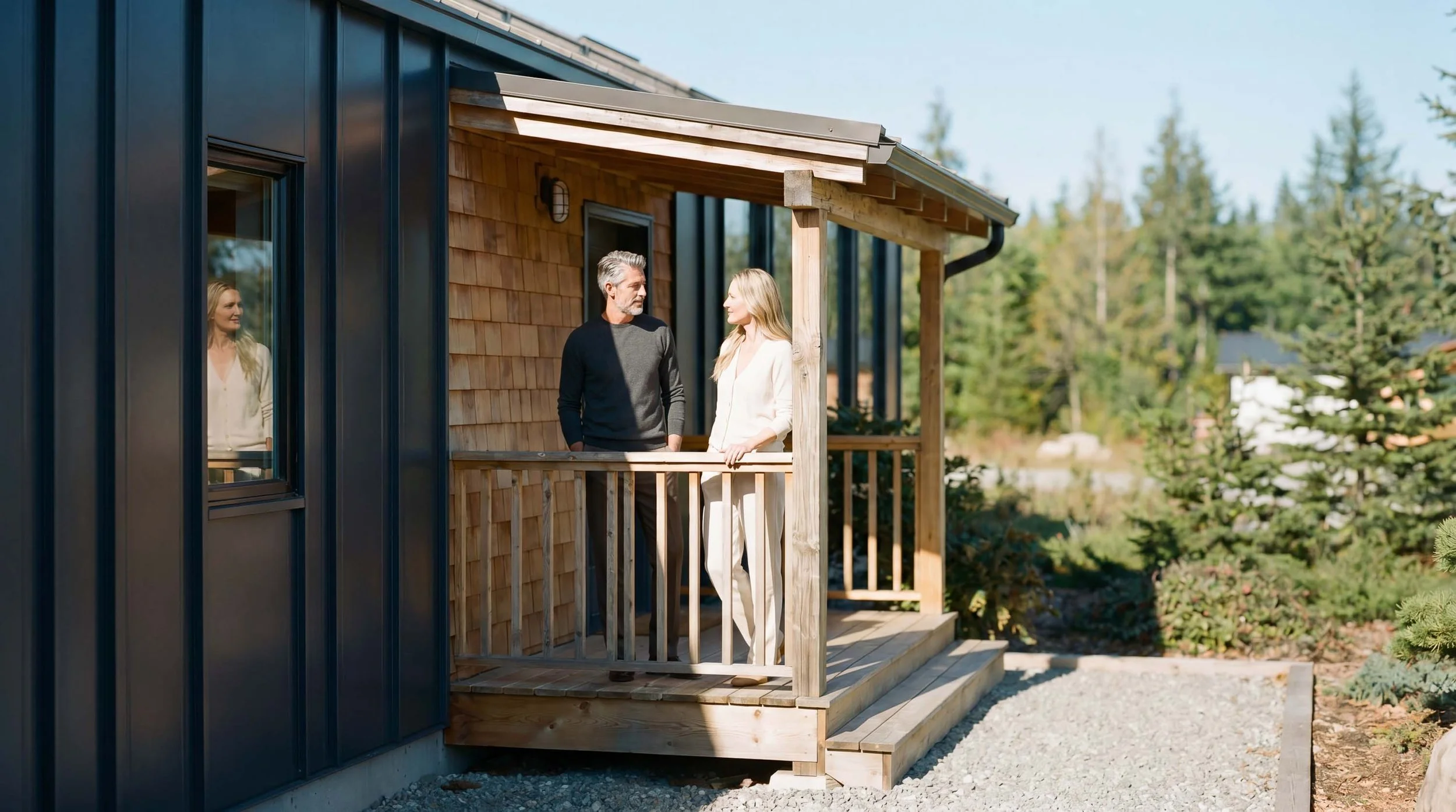 Two people standing on a wooden porch of a modern house, engaged in conversation, with trees in the background.