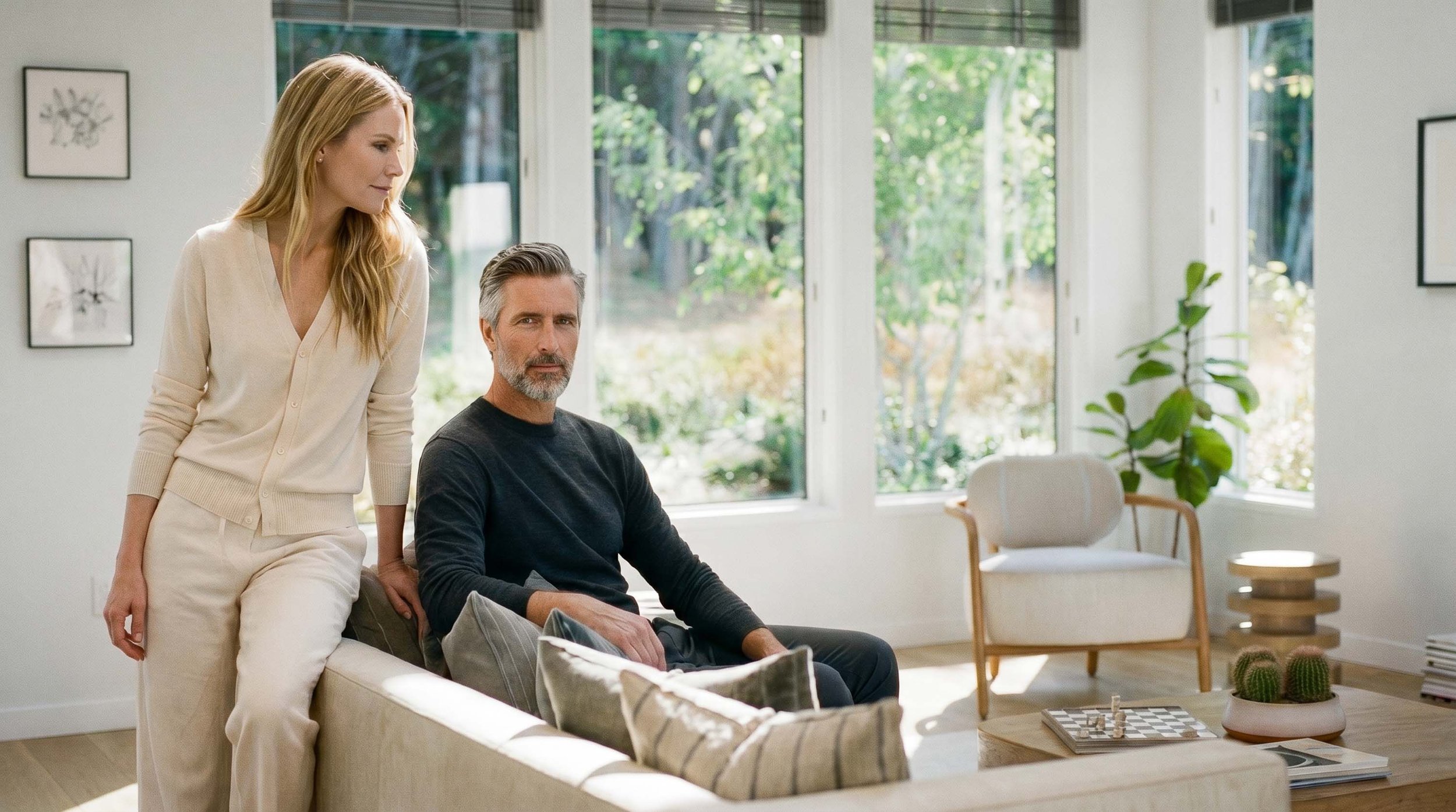 A woman in a cream sweater and pants leaning on a sofa next to a seated man with gray hair and beard in a black sweater, in a bright living room with large windows, green trees outside, and modern decor inside The Point, Liverpool Housing Development