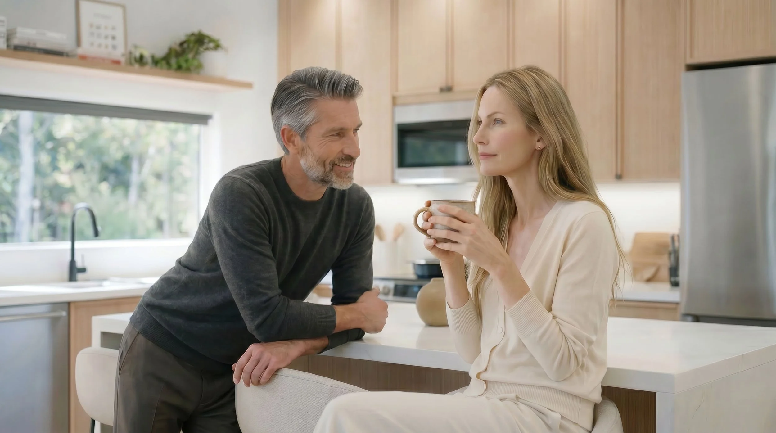 A man and woman sharing a moment in a modern kitchen, with the woman holding a mug and the man leaning on the counter, both smiling at each other.