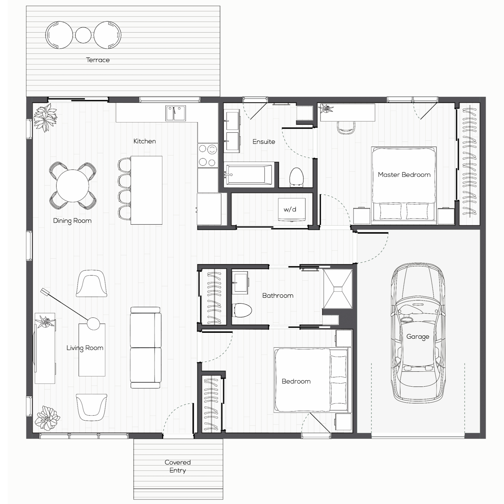 A detailed floor plan of a Denmark two bedroom semi-detached house showing various rooms and the garage.