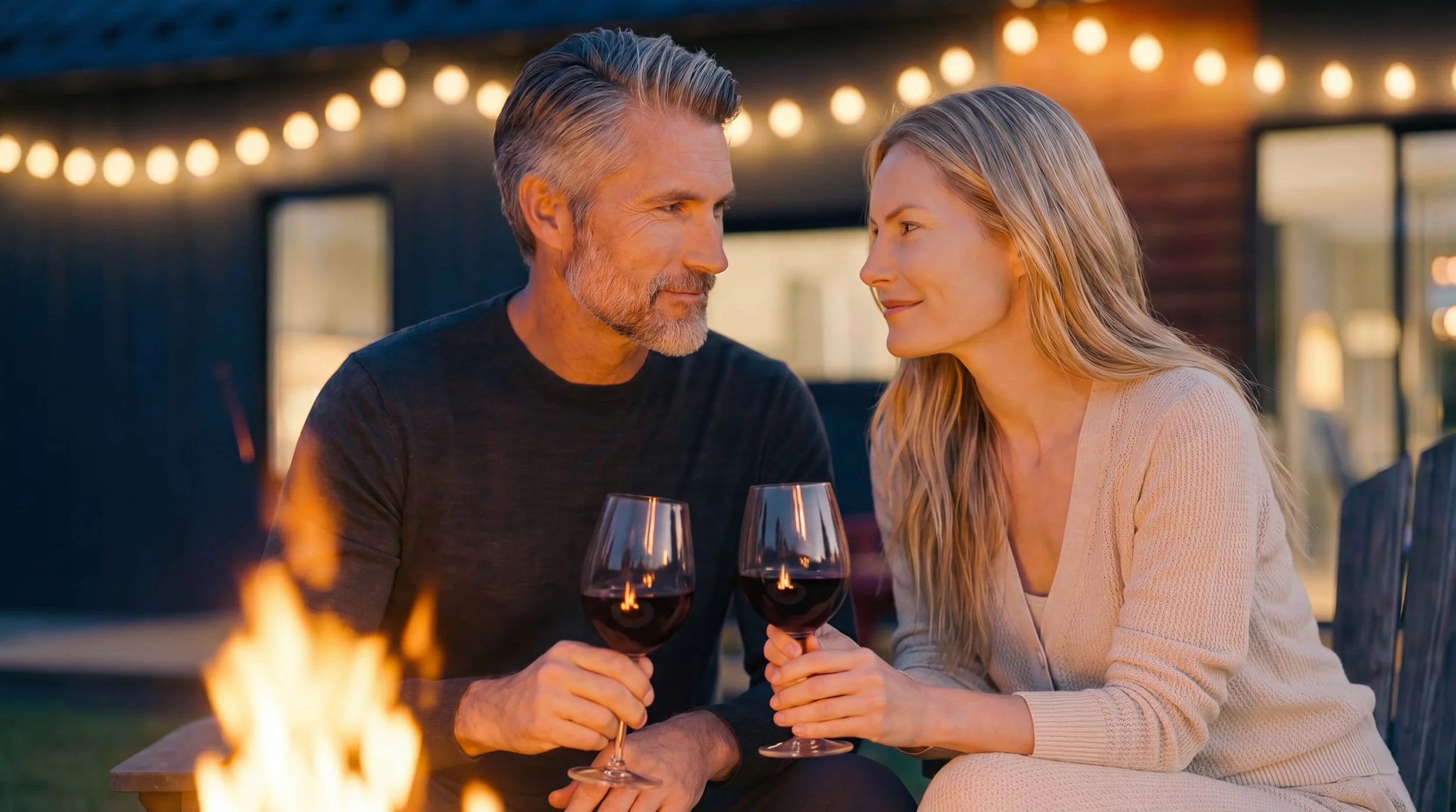 A man and woman sitting at an outdoor table near a fire pit, holding glasses of red wine, with a house and string lights in the background during evening.