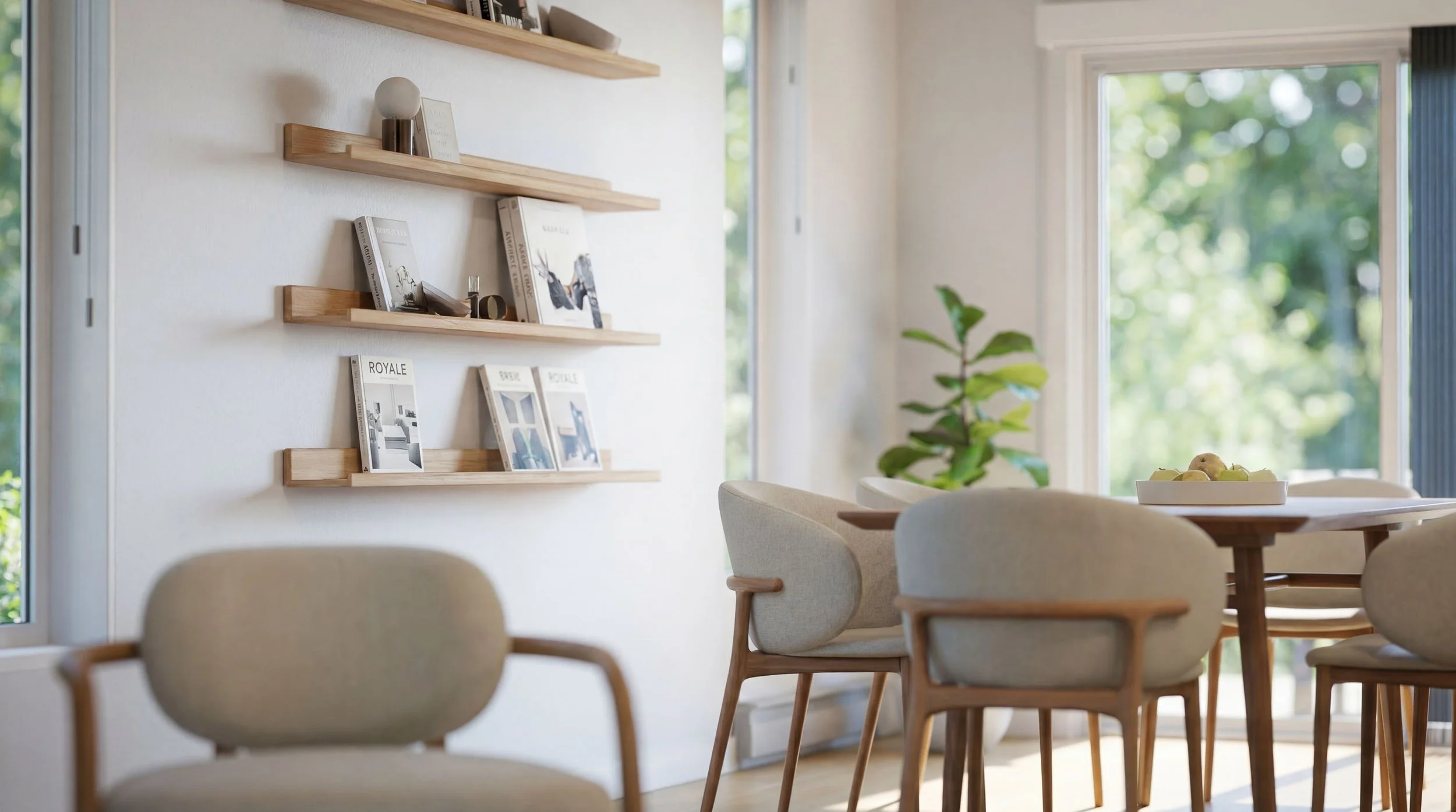 A bright dining room with a wooden table, beige chairs, and large windows showing greenery outside. There are wooden shelves with magazines and books on the white wall, and a bowl of fruit on the table.