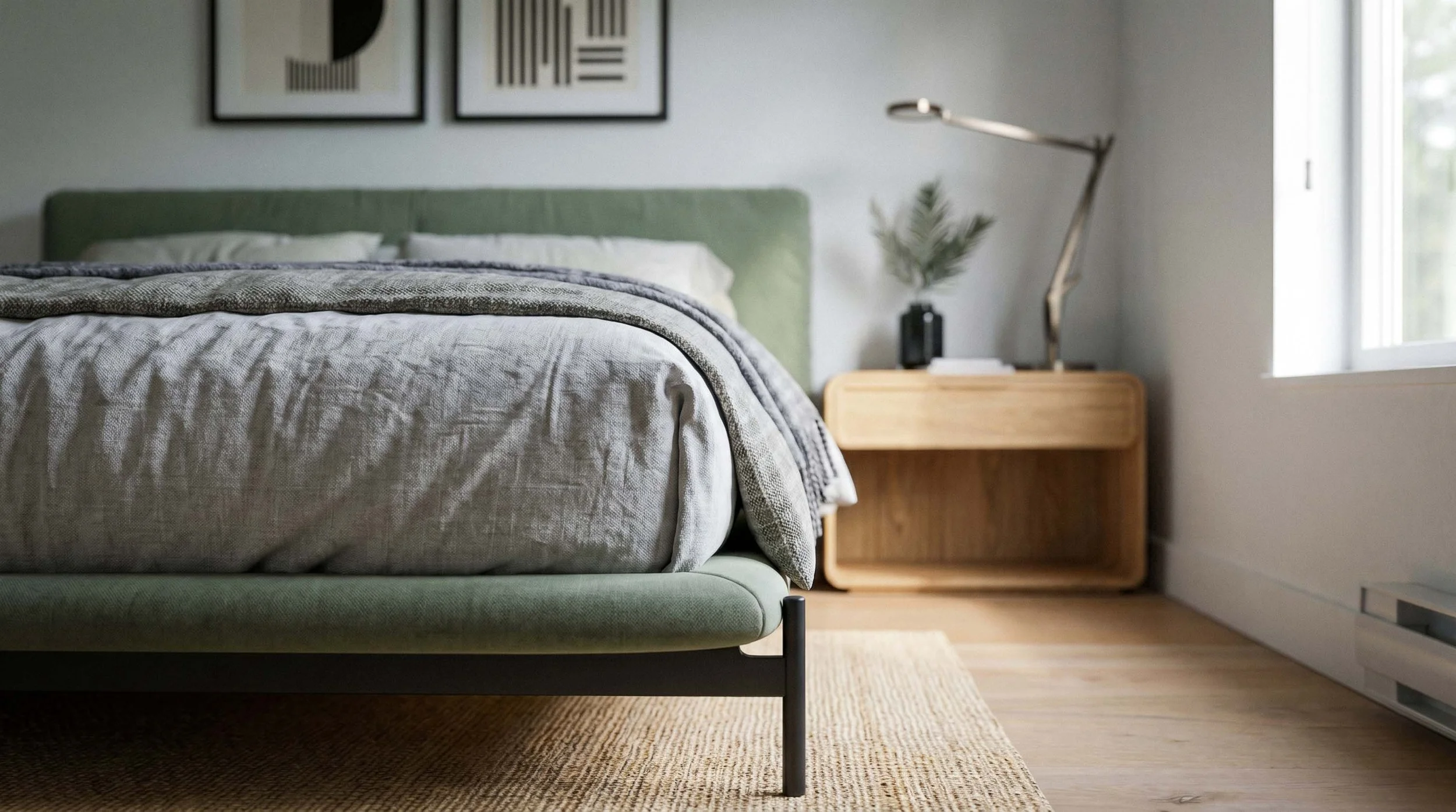 A neatly made bed with a green upholstered headboard, topped with light-colored pillows and a textured blanket. Next to the bed is a wooden nightstand with a plant and a black decorative object. A modern floor lamp is positioned beside the nightstand, and a window with white trim allows natural light to fill the room. Two framed abstract art pieces hang above the bed.
