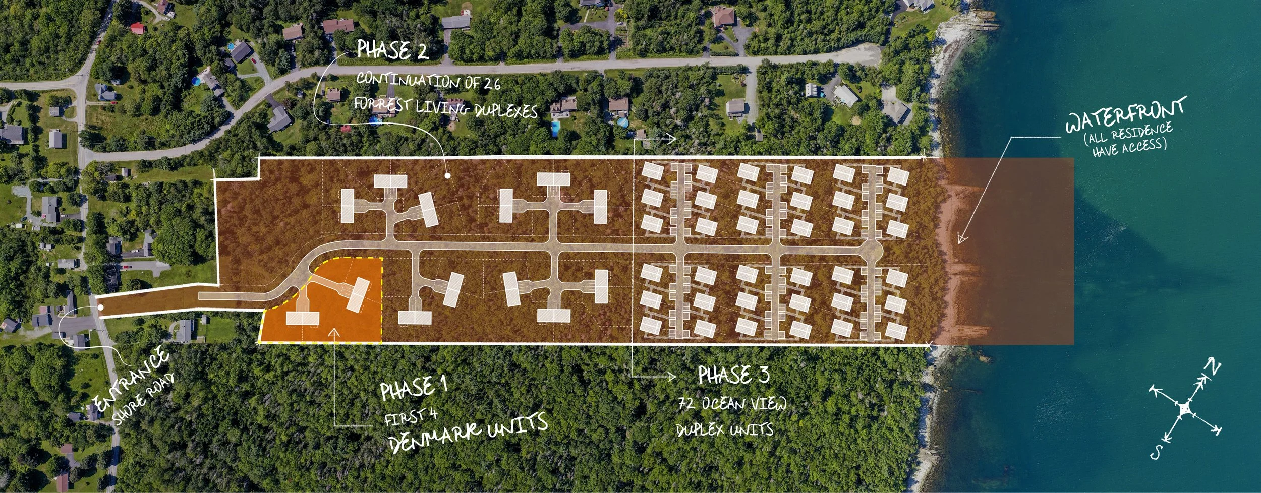 Aerial view of a planned residential development near water, showing labeled phases, housing units, and access points, surrounded by trees and neighboring houses.
