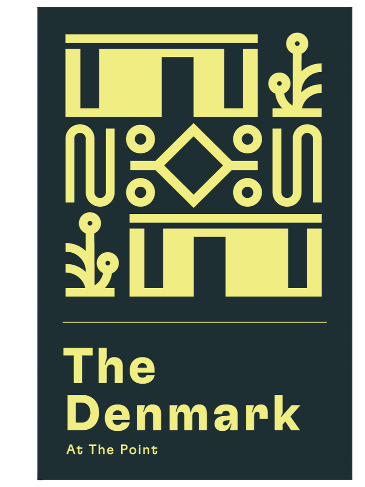 Cover of a publication titled "The Denmark: At The Point" featuring abstract geometric line art of plants and shapes in yellow on a dark background.