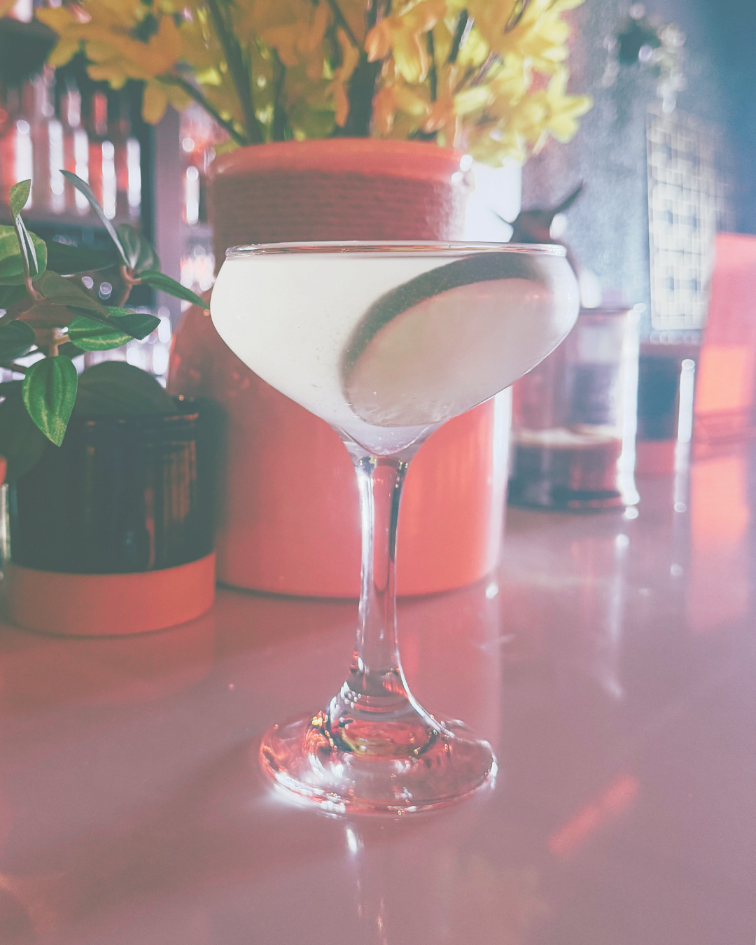 A cocktail glass with a lime wedge on the rim, placed on a counter with decorative plants and containers in the background.