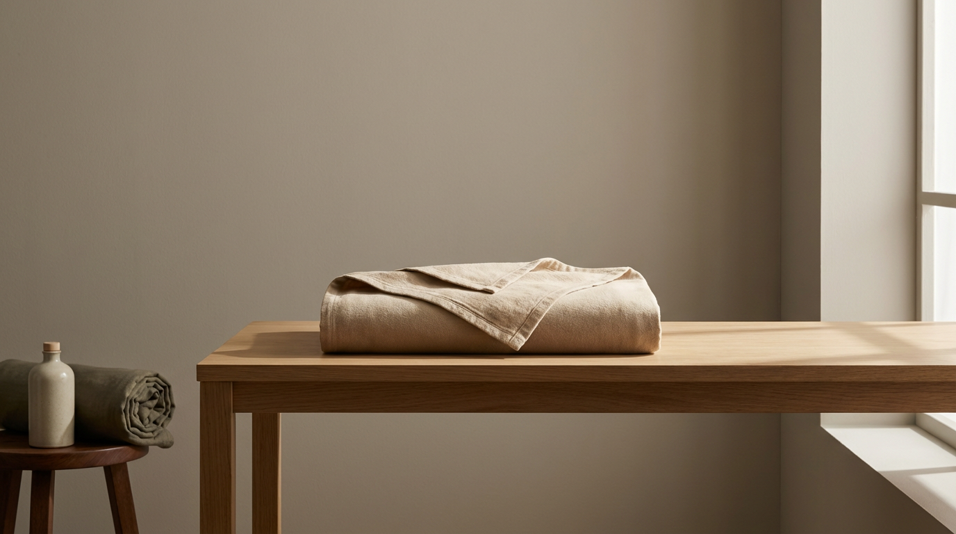 Folding beige clothes on a wooden table near a window with sunlight, with folded towels and a bottle on a small side table.