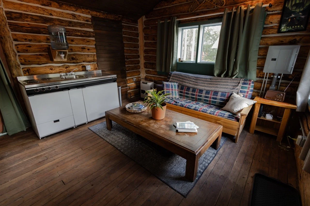 Studio Cabin kitchenette and living room