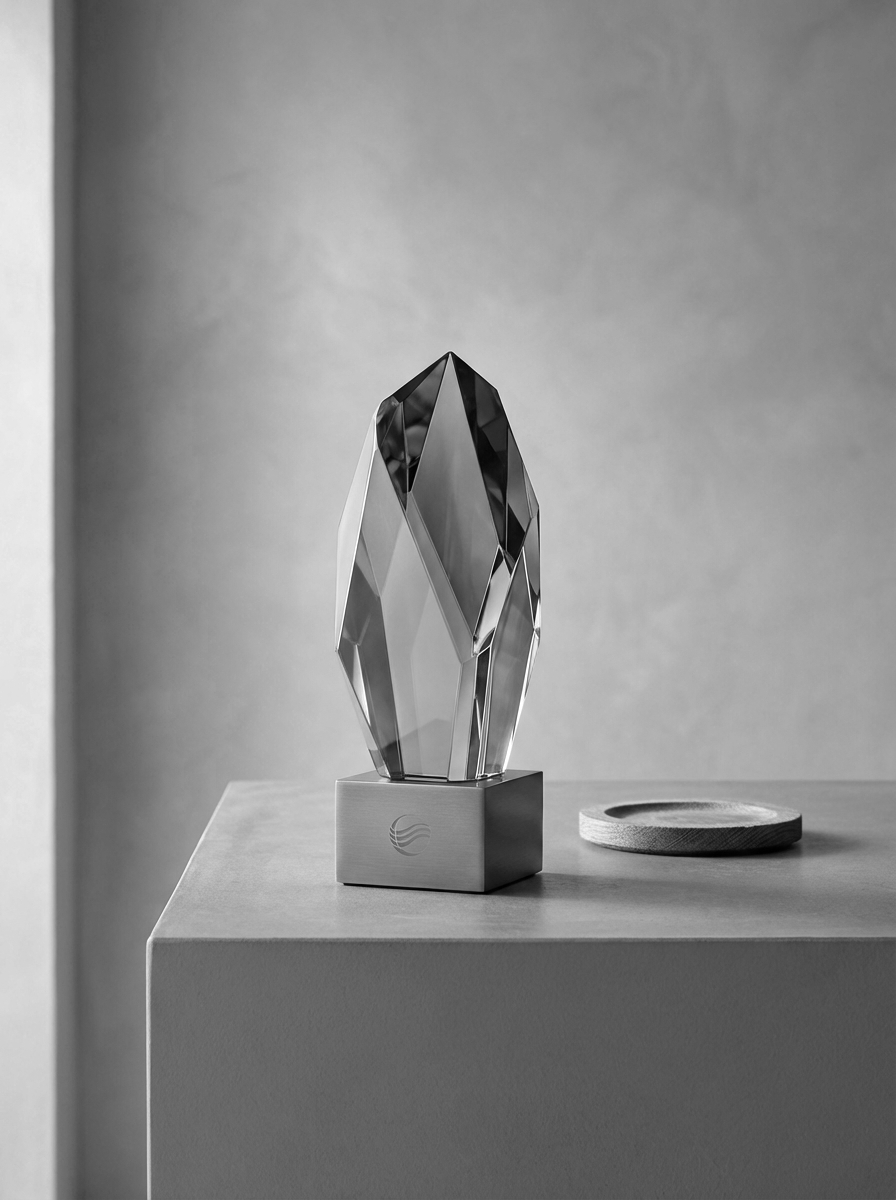 A modern crystal sculpture on a metal base sitting on a white table, with a small round tray or coaster nearby, in a minimalist setting.