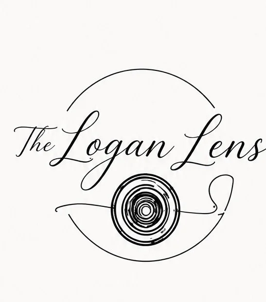 A logo with the text 'The Logan Lens' Photo Booth Rental Business based in Richmond,Va written in an elegant script font, featuring a stylized camera lens and a semi-circle design element.