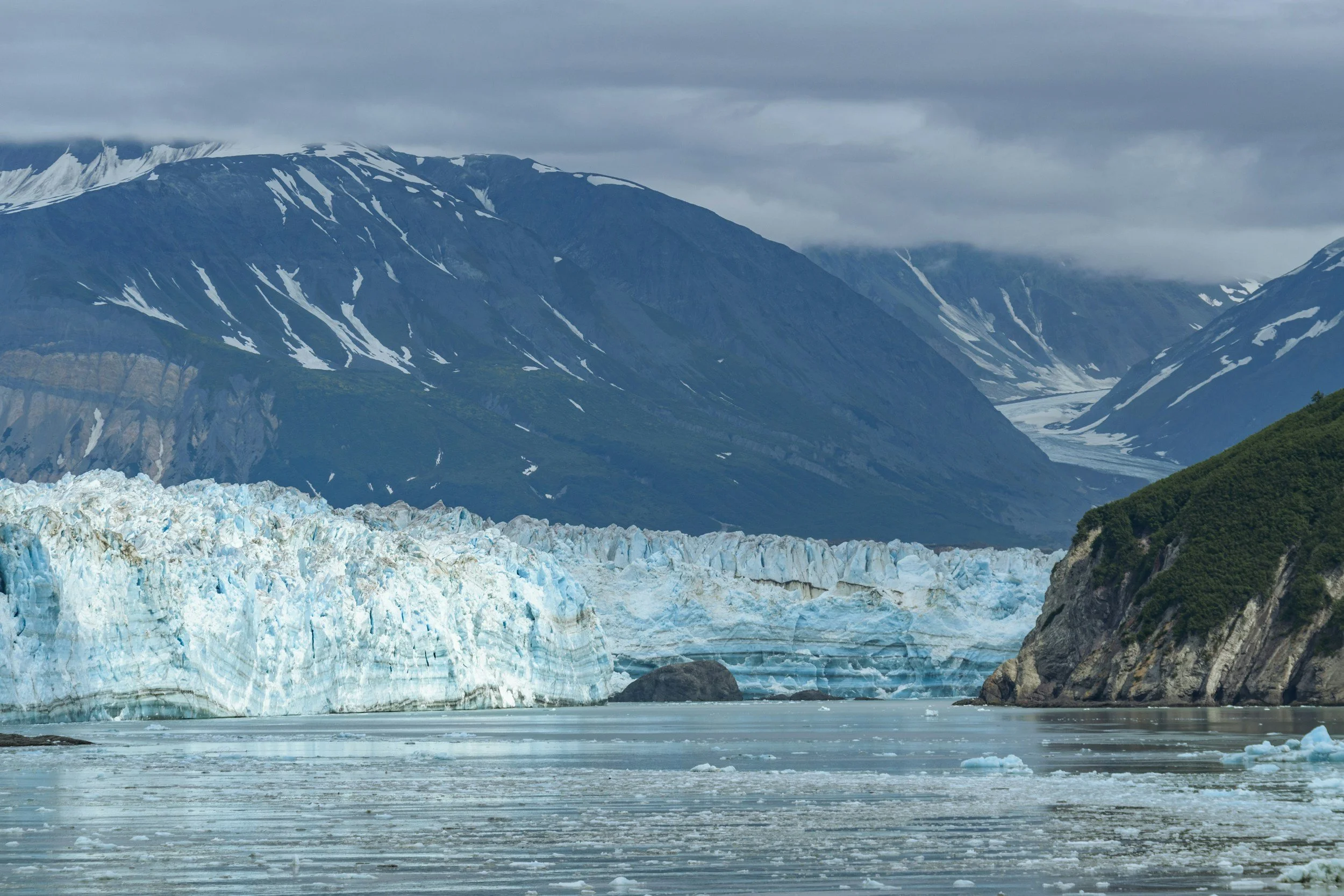 Snow-capped mountain range with evergreen forest at the base and a glacier in the foreground, overcast sky.