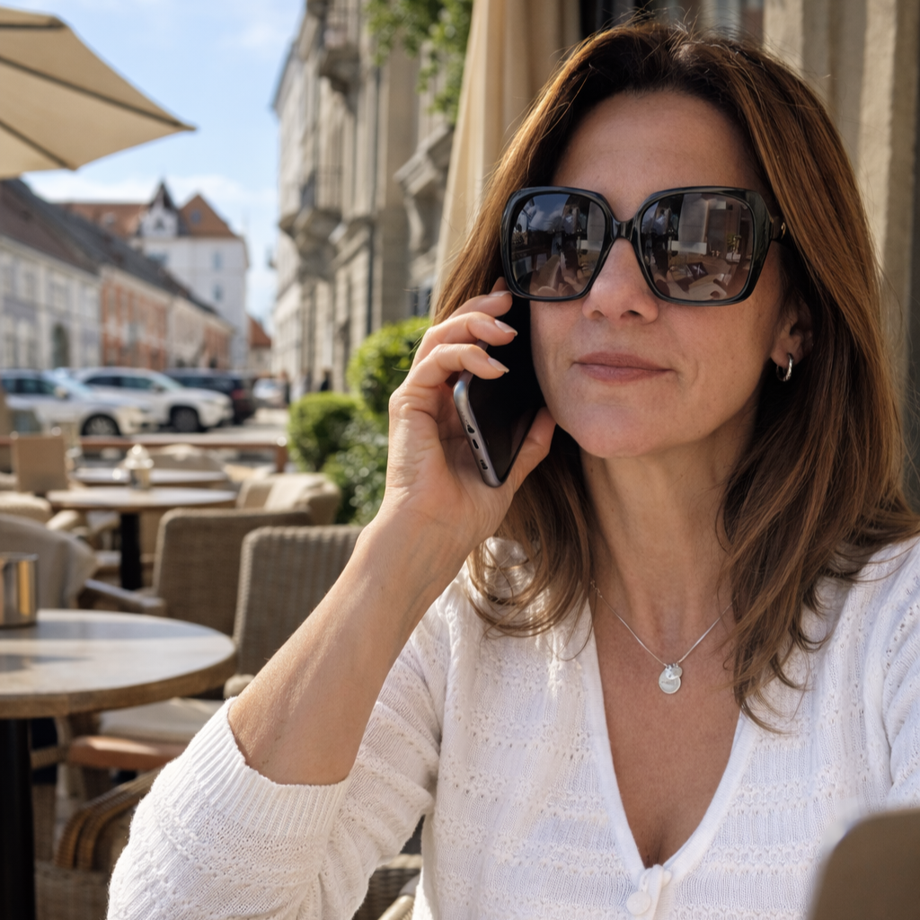 Woman with brown hair, Nikki Trefzger of Travel by Nikki Vacations,  and sunglasses talking on a cell phone while sitting outdoors at a cafe in Europe on a sunny day taking a consultation call.