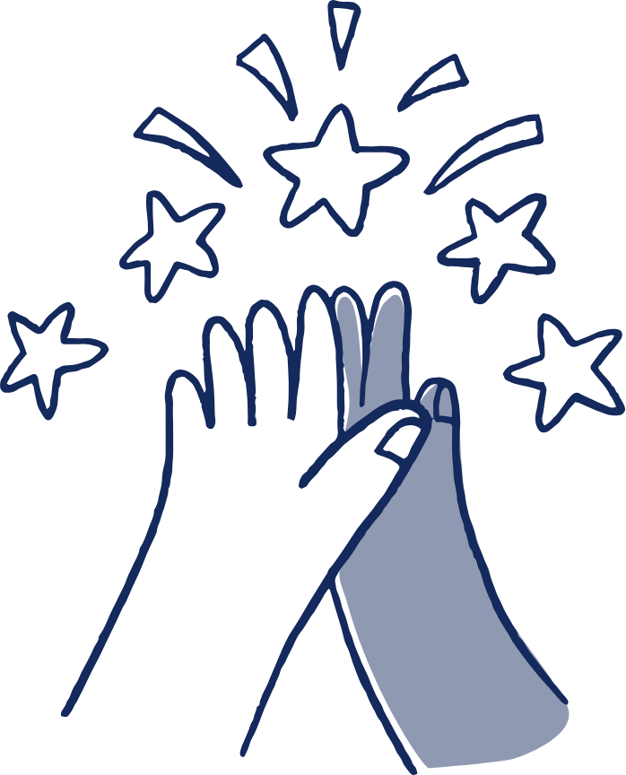 Two hands high-fiving with a burst of stars — the tools, training, and support Rally gives you