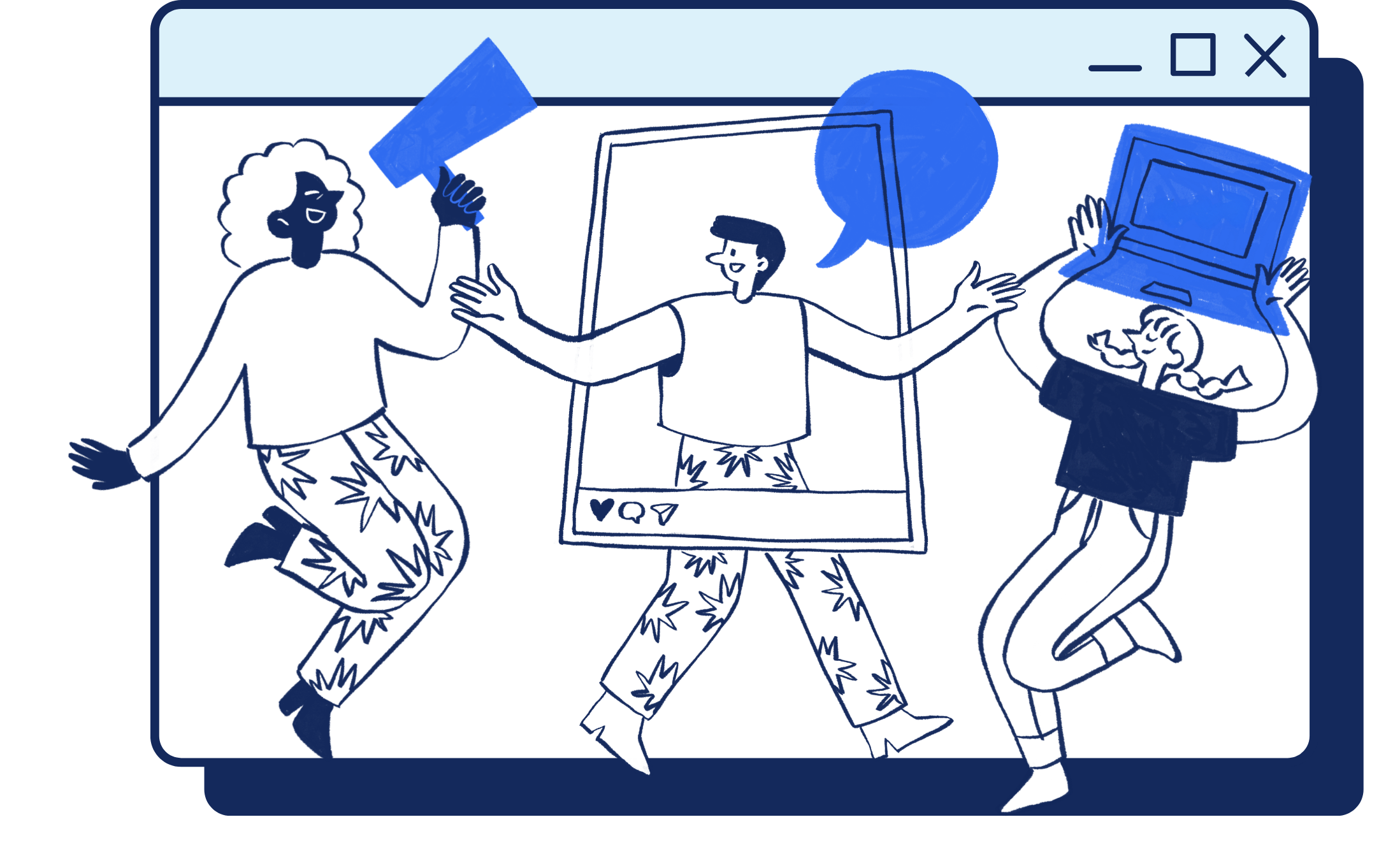 Three people rallying together — one on social media, one with a megaphone, and another holding a laptop, sharing what matters in their community