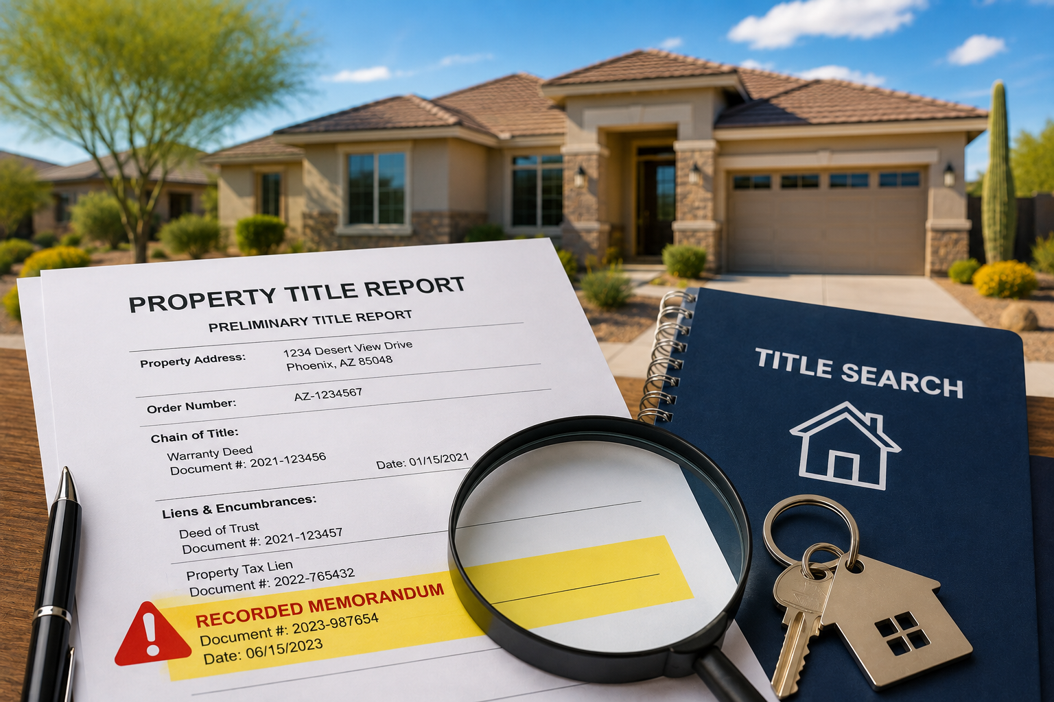 Arizona home with property title documents, a title search, and an unusual recorded memorandum illustrating why buyers should carefully review title records before closing.