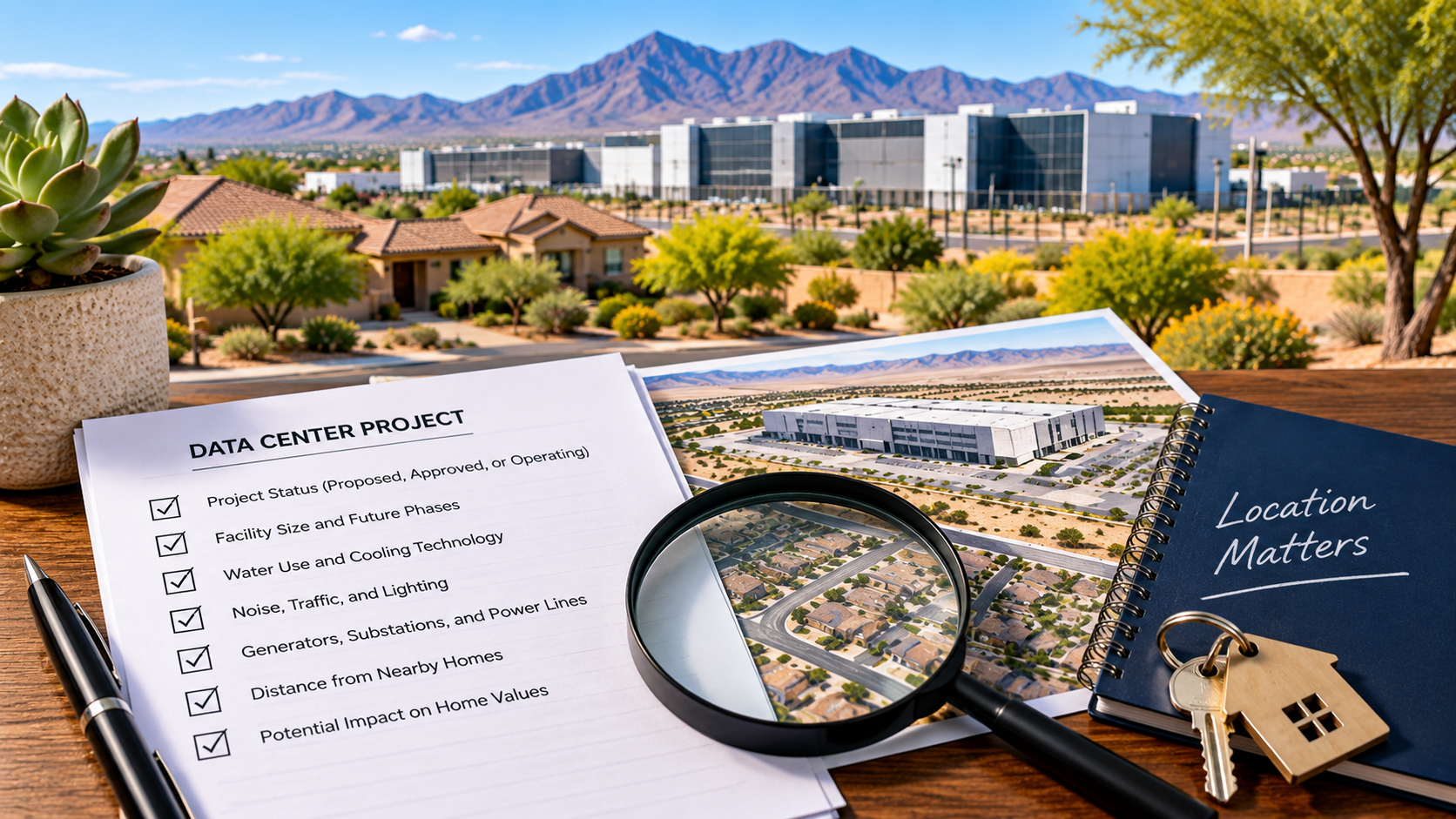 Phoenix-area homes and a nearby data center illustrating questions about Arizona real estate and future development.