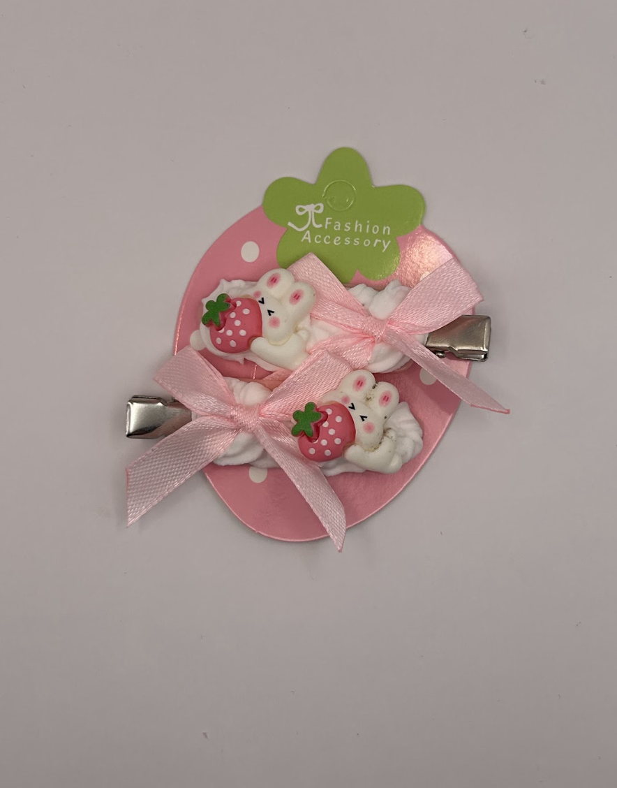 Strawberry Bunny and Bow Decoden Hairclips