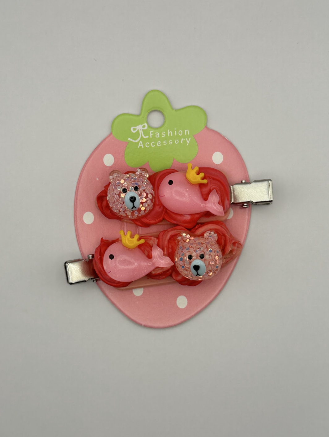Red and Pink Bear and Whale Decoden Hairclips