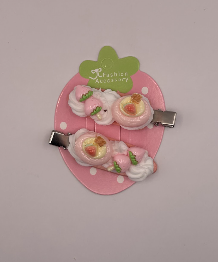 Pink Strawberry Pastry and Tanghulu Decoden Hairclips