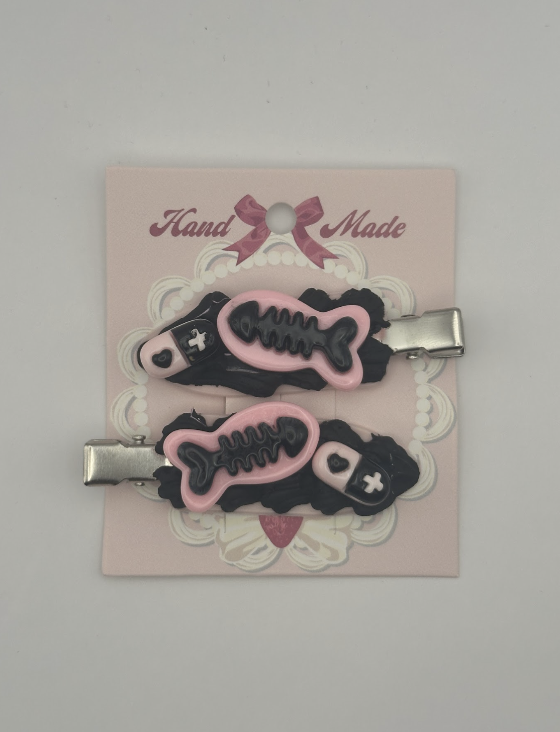 Black Pink Fishbone Decoden Hairclips