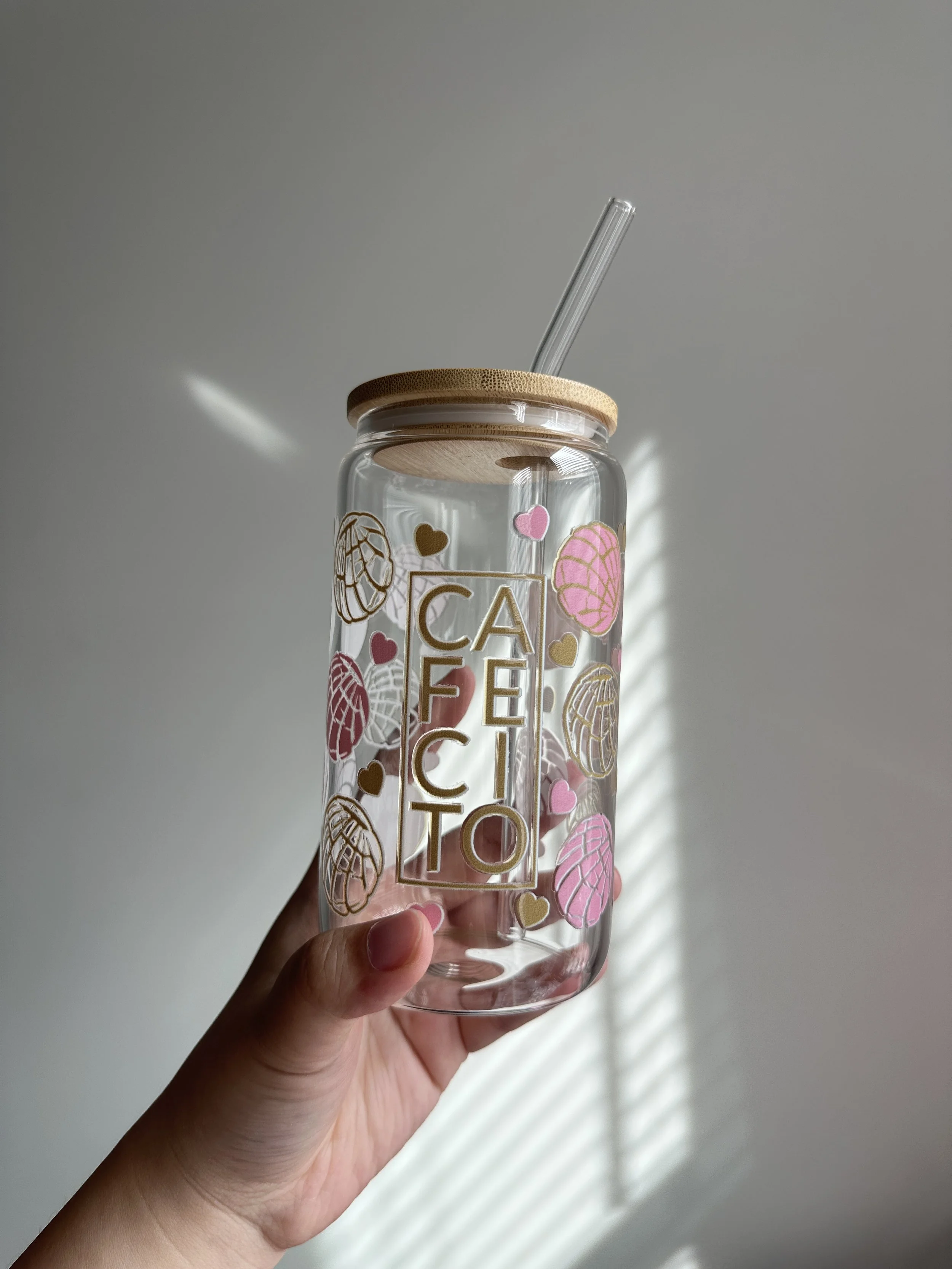 Cafecito and Concha Glass Cups Bamboo Lid