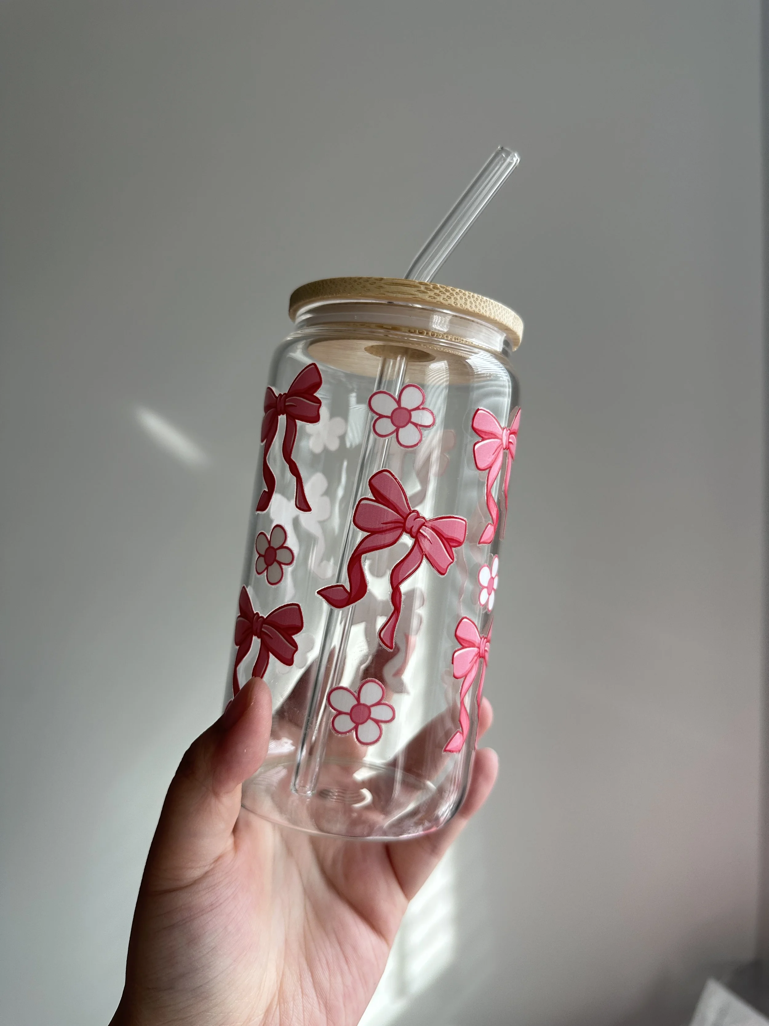 Hot Pink Hearts and Flowers Glass Cup with Bamboo Lid