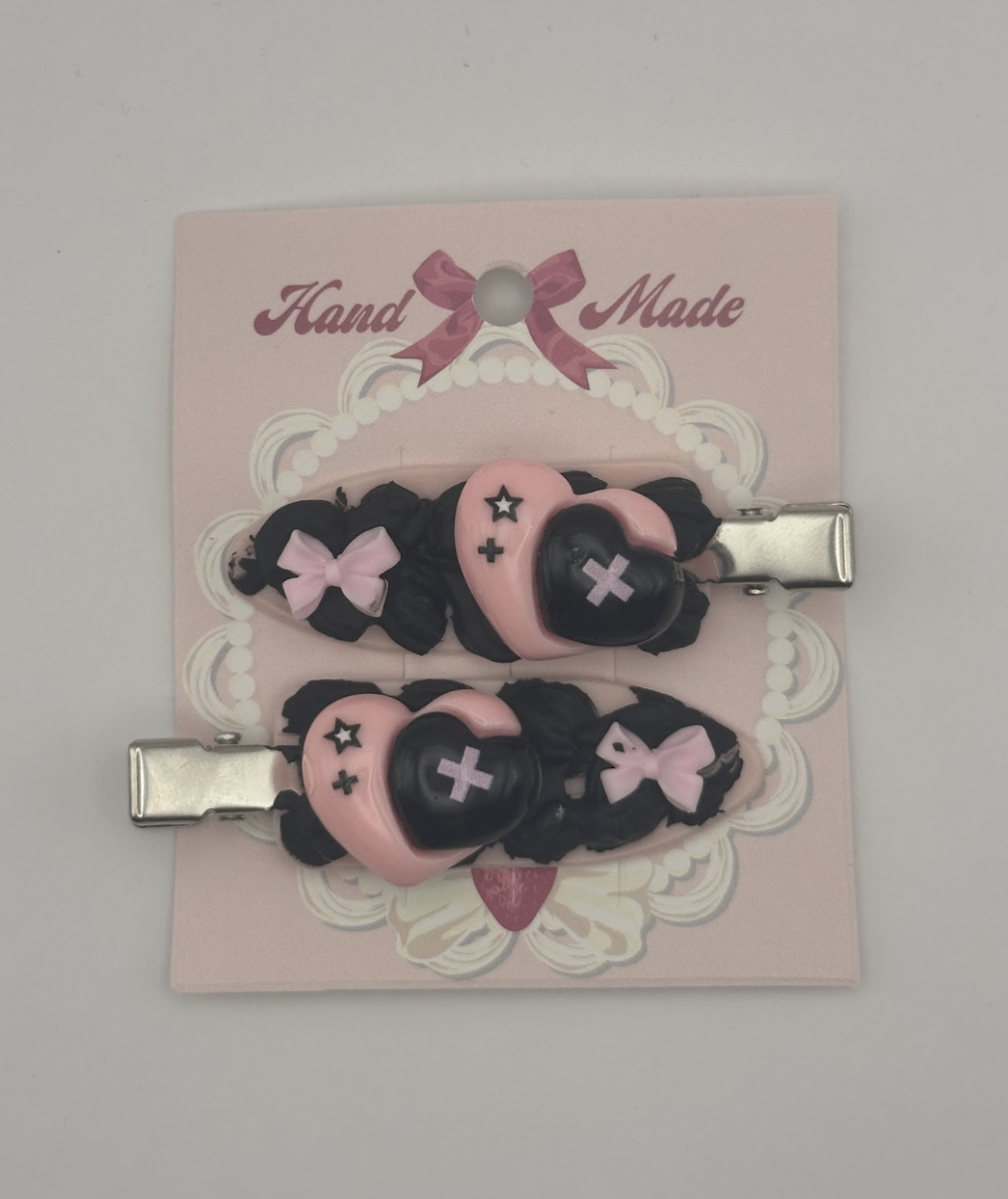Black and Pink Heart and Bow Decoden Hairclips