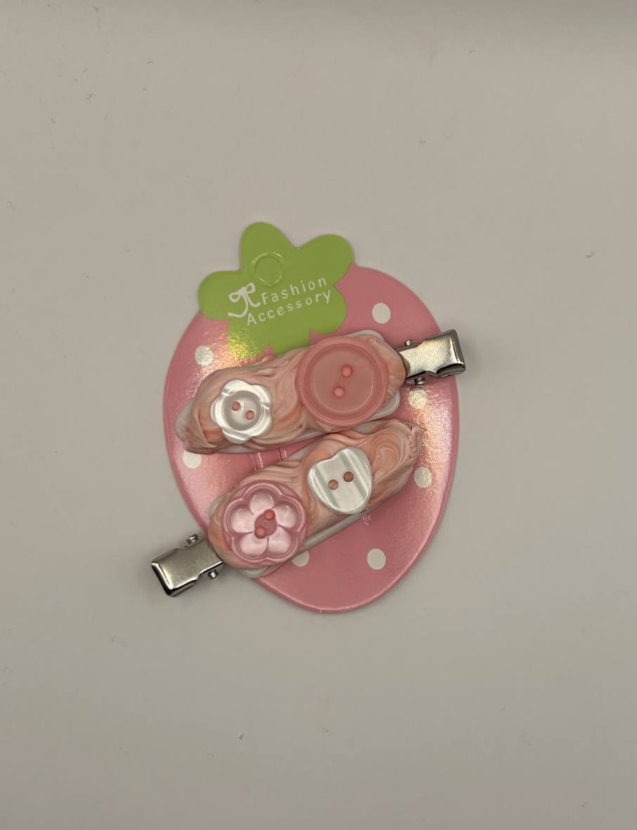 Pink and White Button Decoden Hairclips