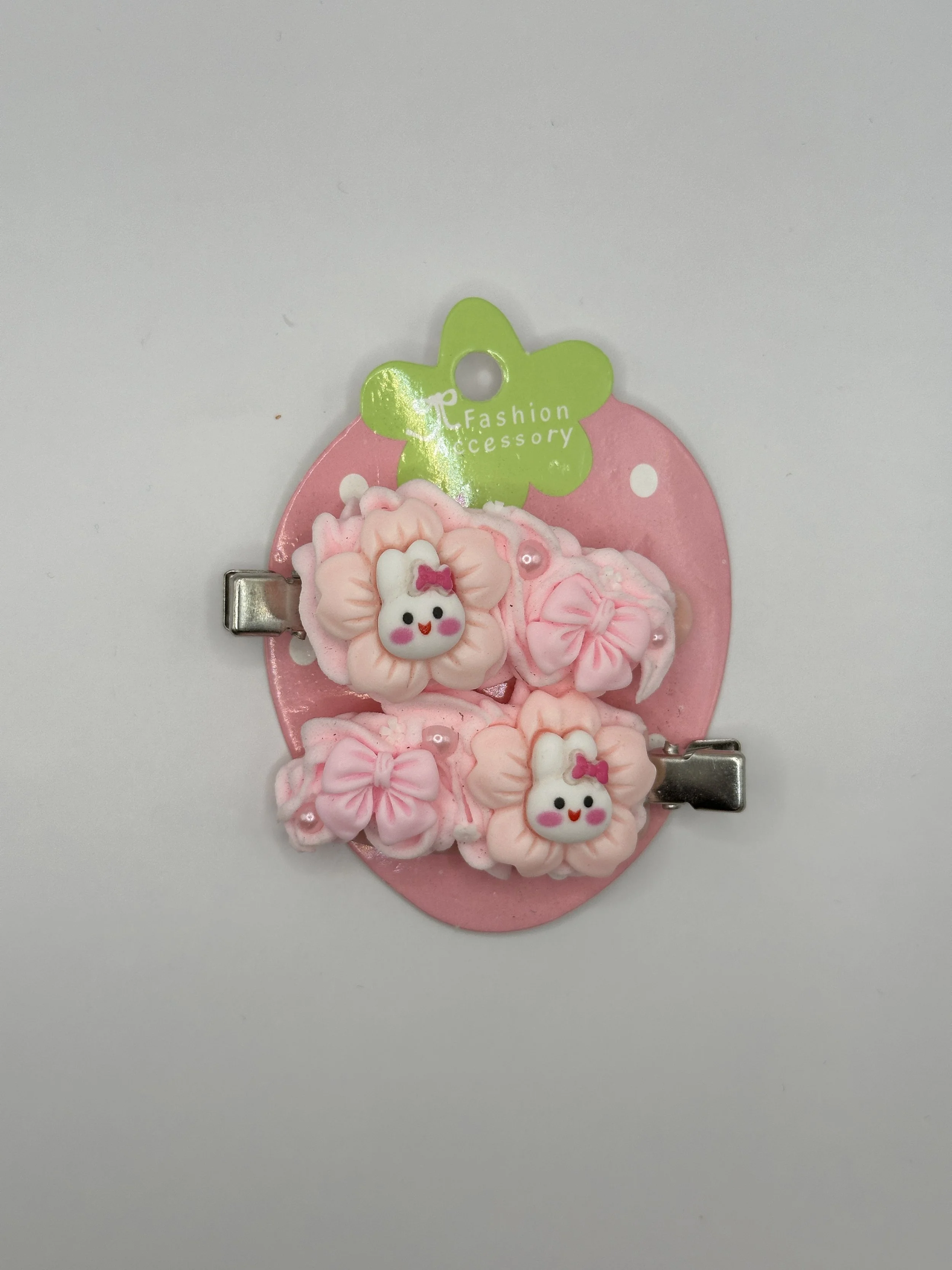 Pink Bunny Flower and Bow Decoden Hairclips