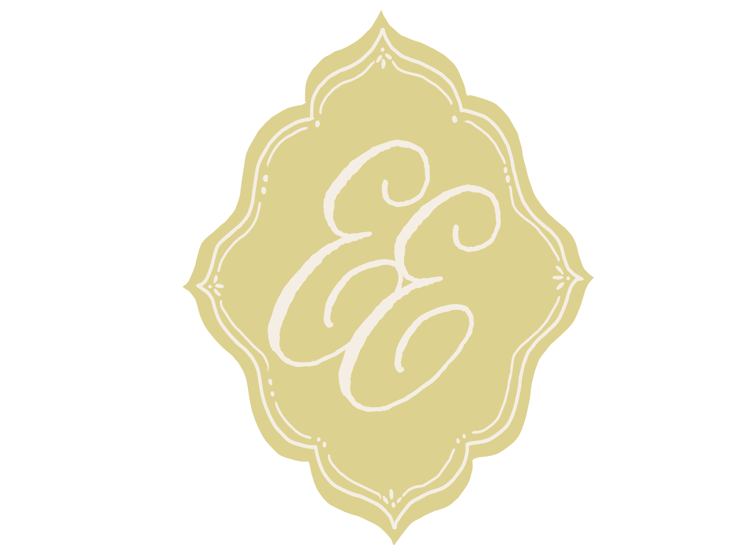 A decorative illustration of a stylized, ornate, symmetrical pattern in cream color on a black background.