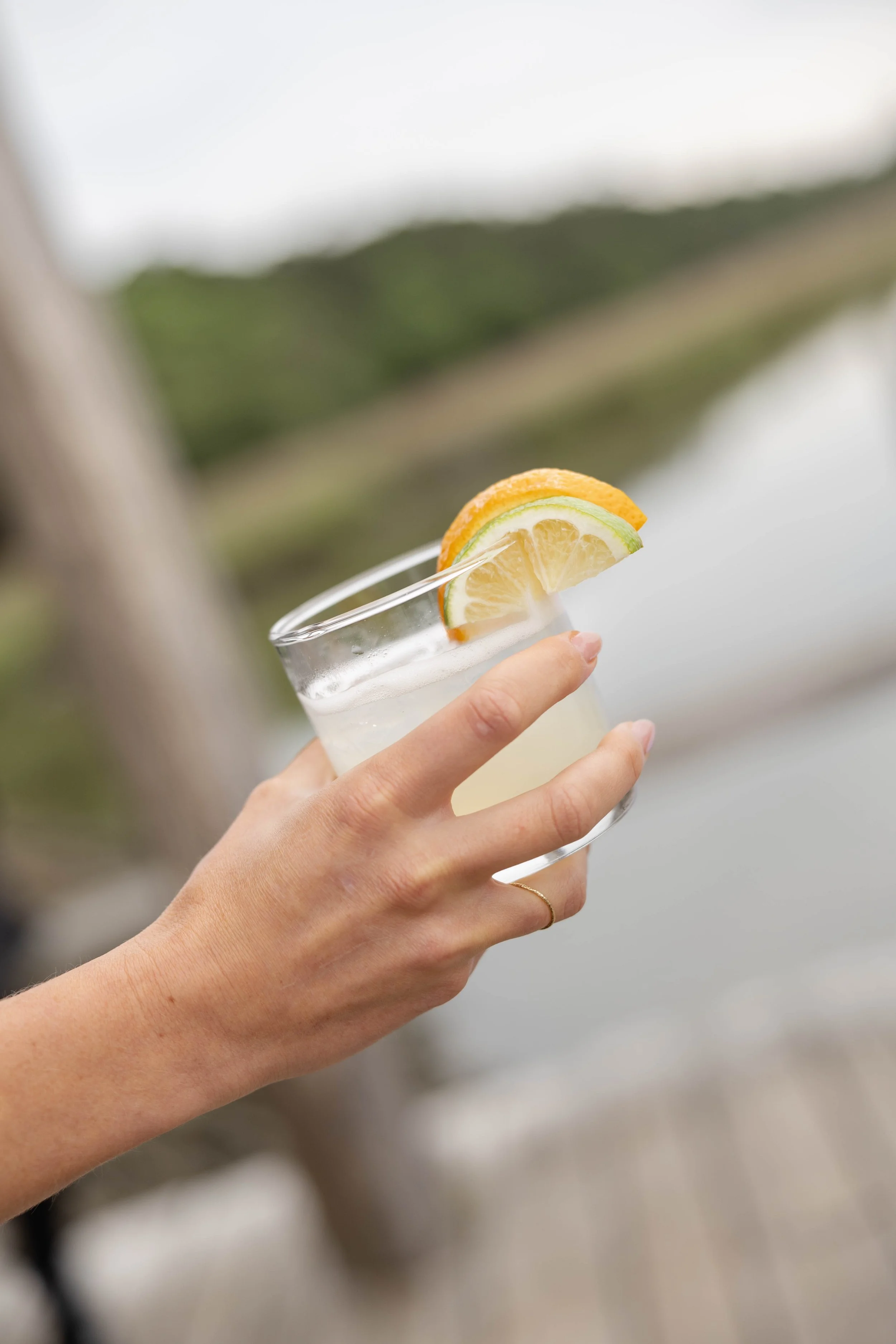 A hand holding a glass of lemonade garnished with a slice of lemon and lime, against a blurred outdoor background.