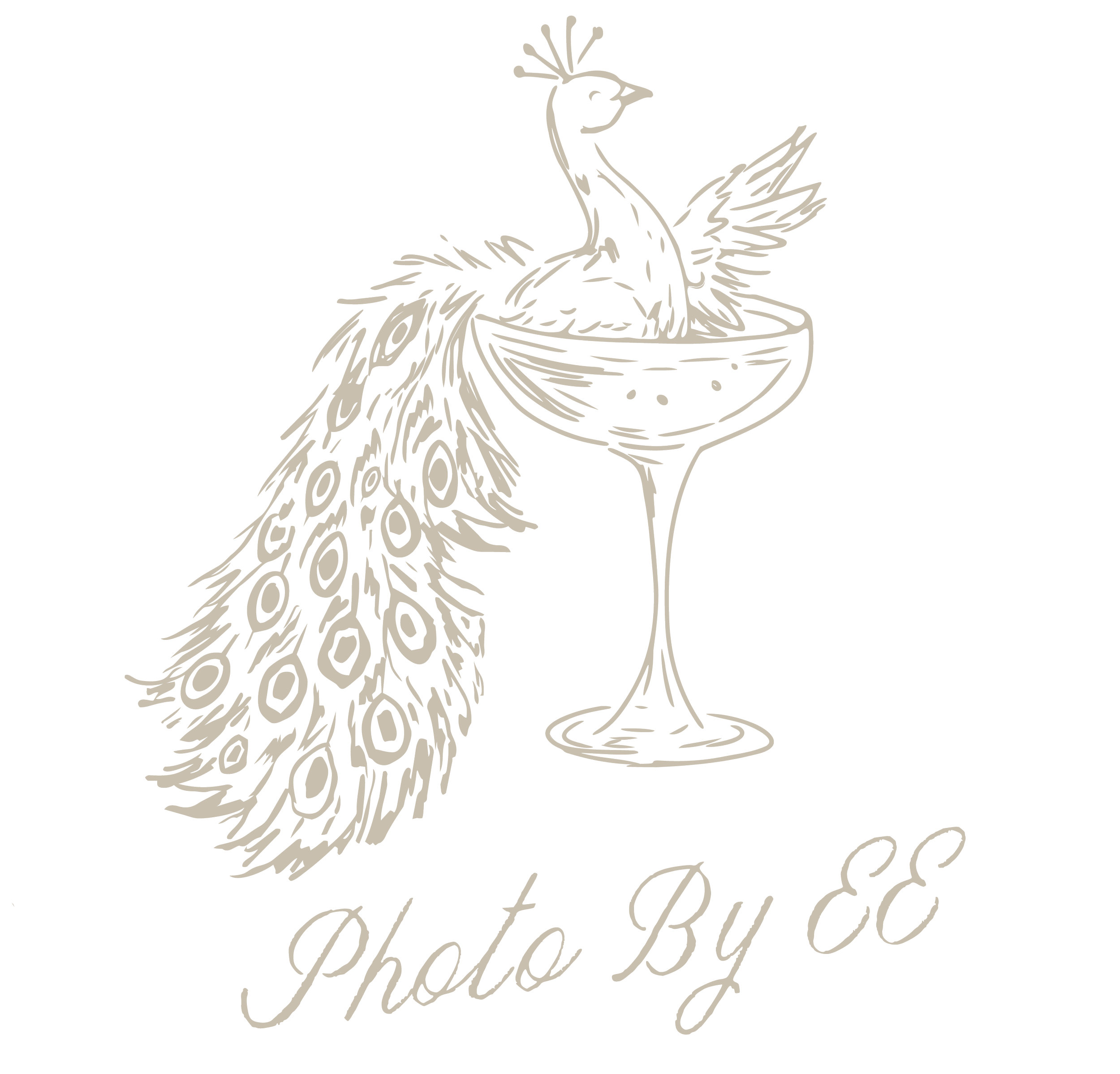 Illustration of a peacock sitting on the rim of a wine glass, with decorative script text beneath.