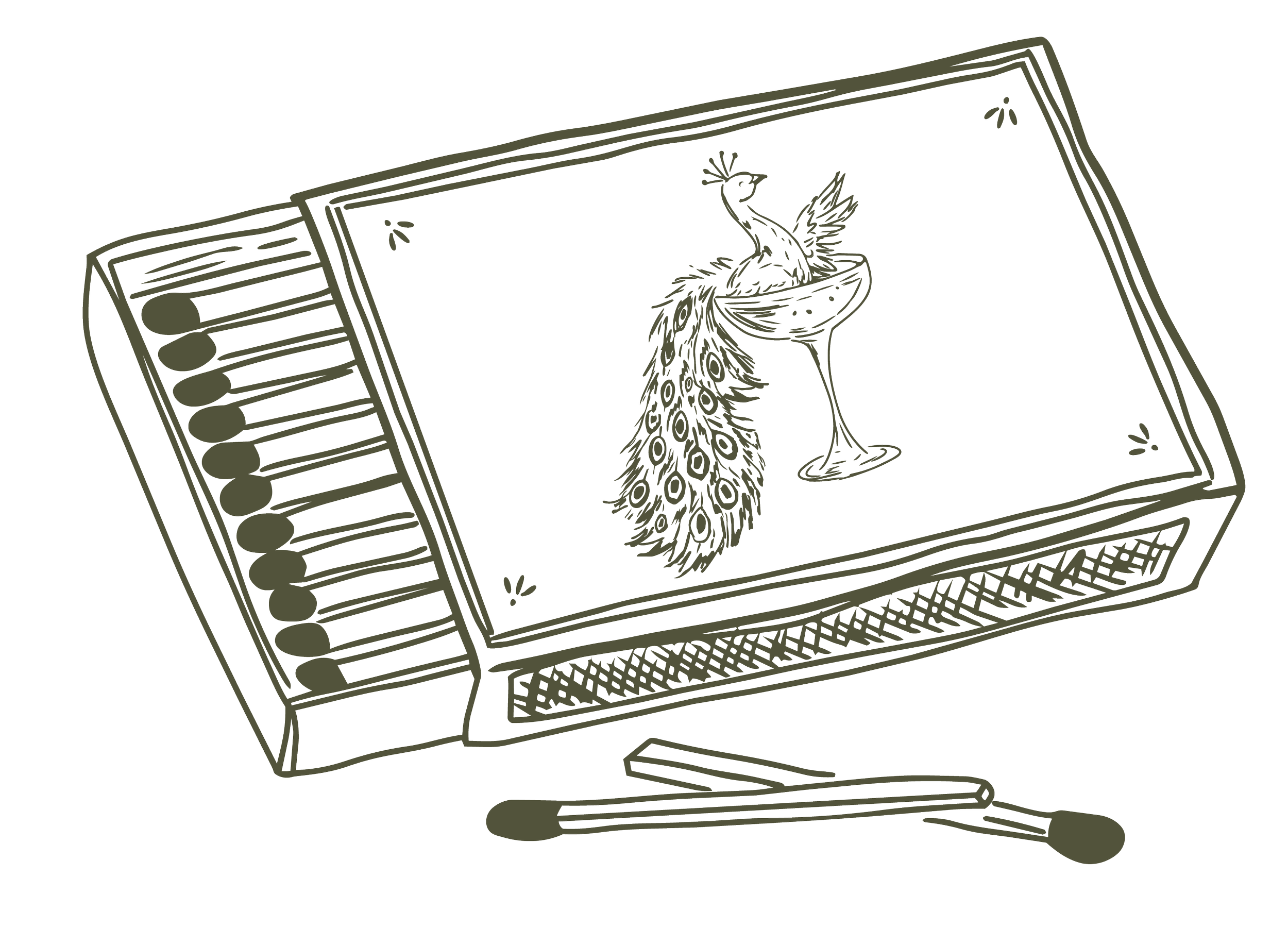 Line drawing of a table with a peacock in a bowl, surrounded by small decorative motifs, with a spoon and a pair of chopsticks nearby.