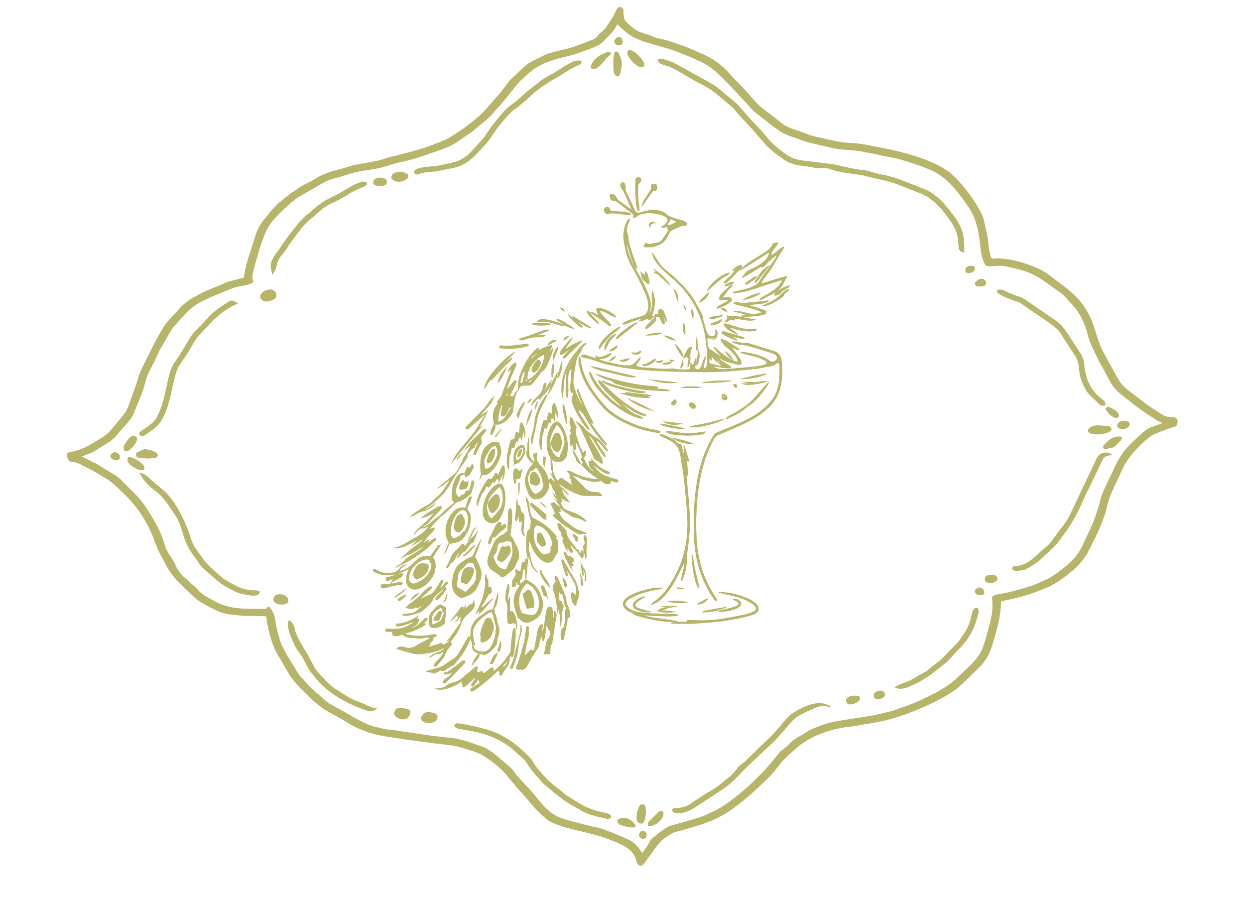 An ornate line drawing of a peacock with its feathers raised, standing inside a decorative frame with floral accents.