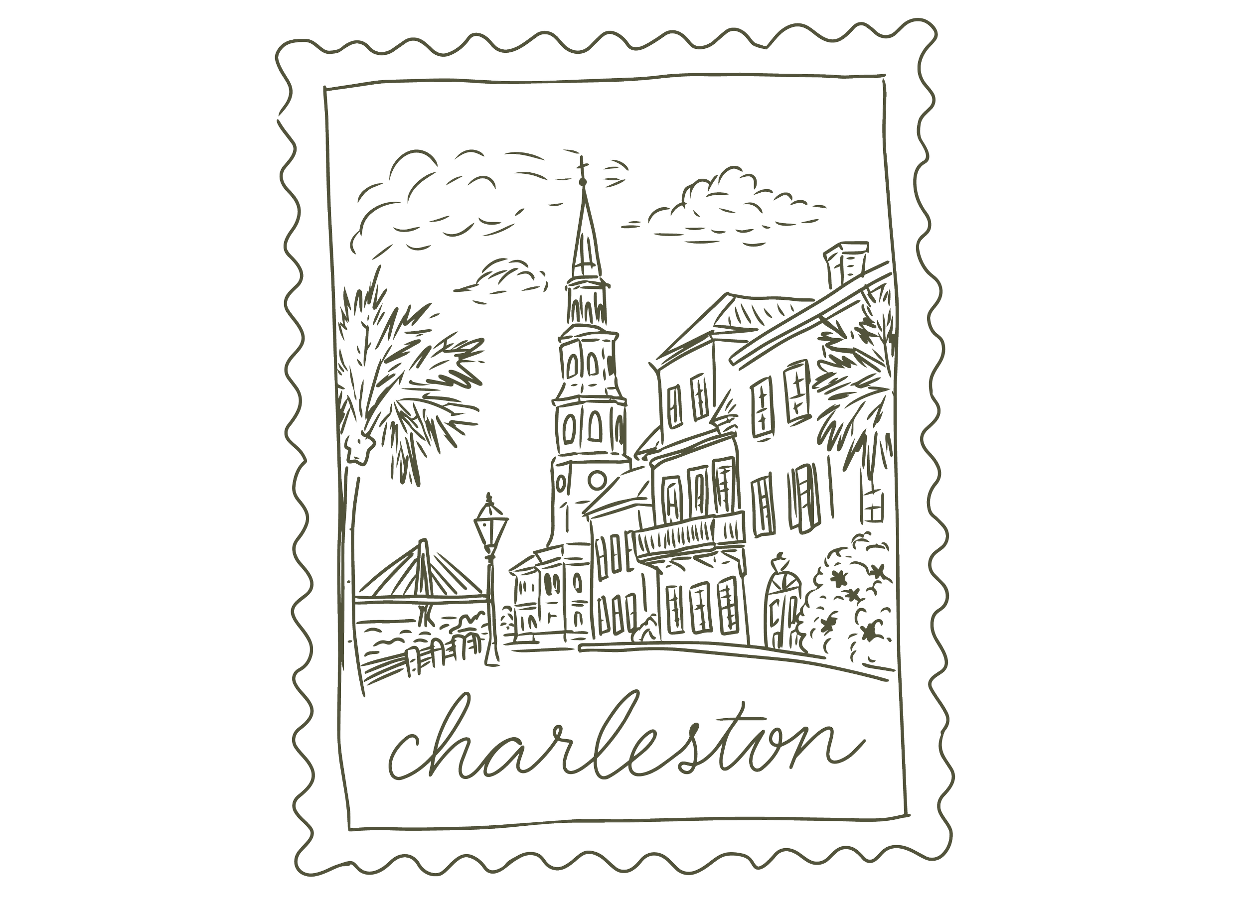 A line drawing of a street scene in Charleston, showcasing a church steeple, a bridge, buildings, trees, and street lamps.