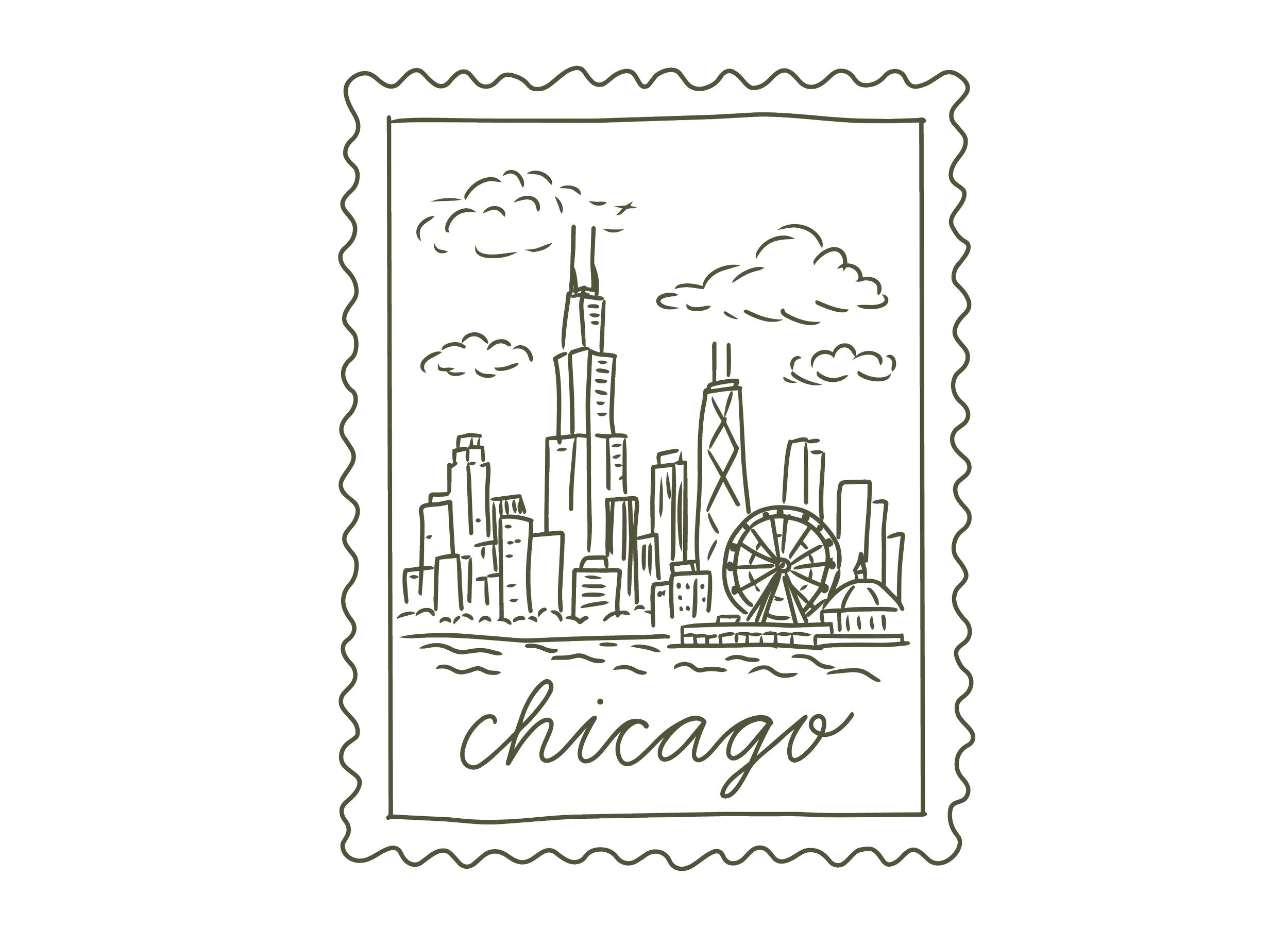 Black and white line drawing of a city skyline with tall buildings, a Ferris wheel, and clouds, featuring the word 'Chicago' written at the bottom.
