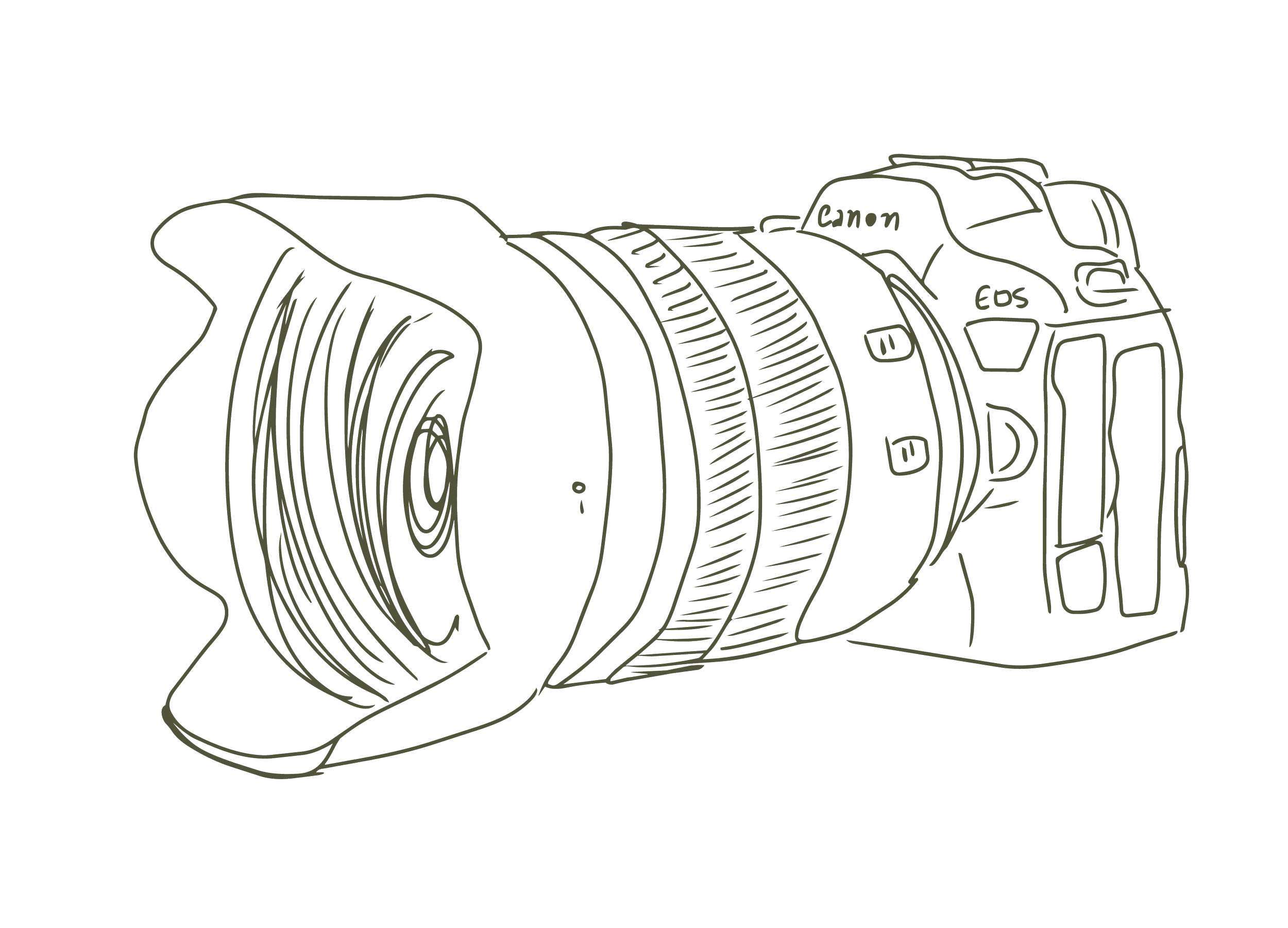 Outline drawing of a DSLR camera with a large lens and various buttons and dials.