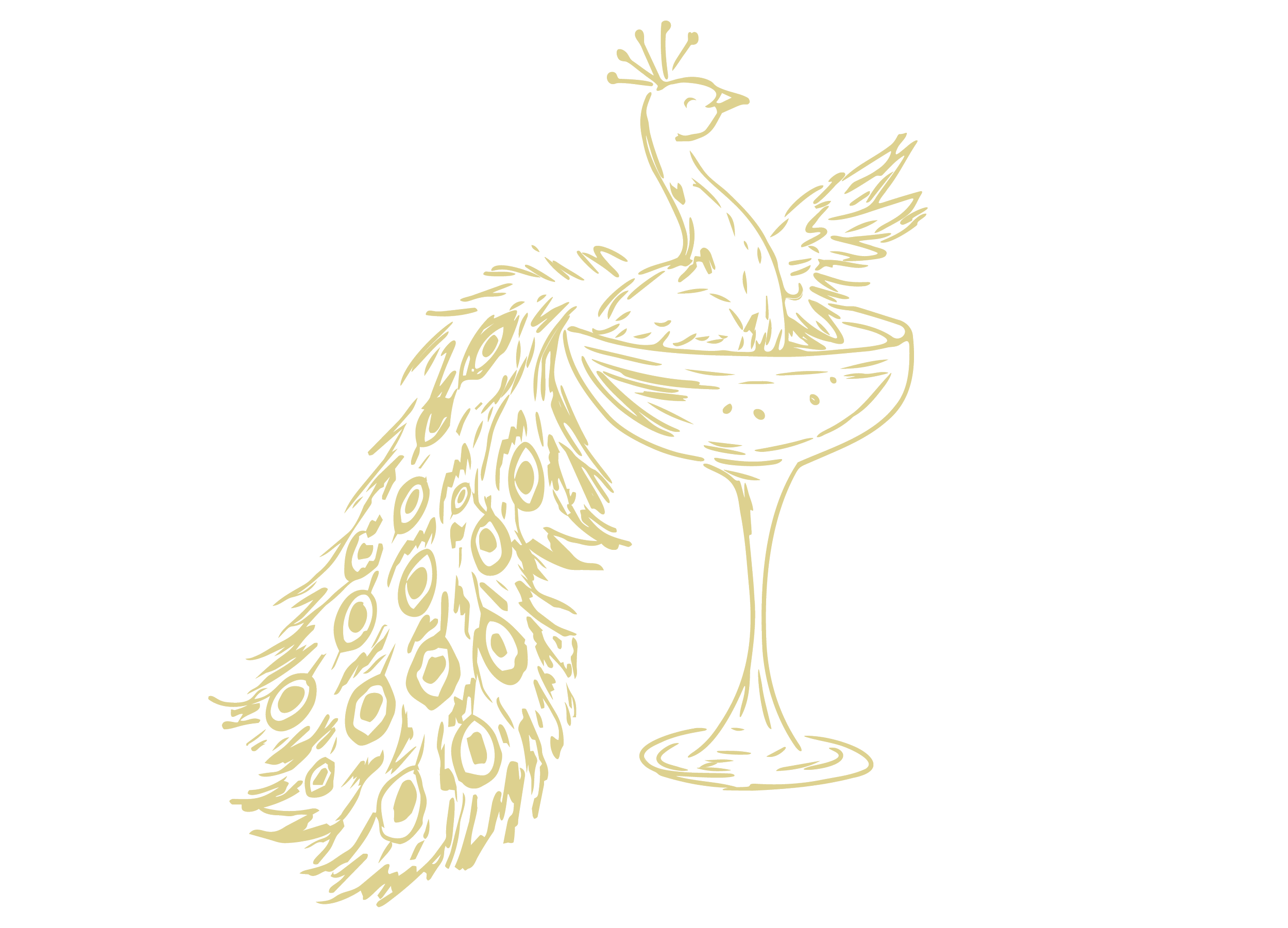 Line drawing of a peacock with detailed feathers, standing next to a wine glass.