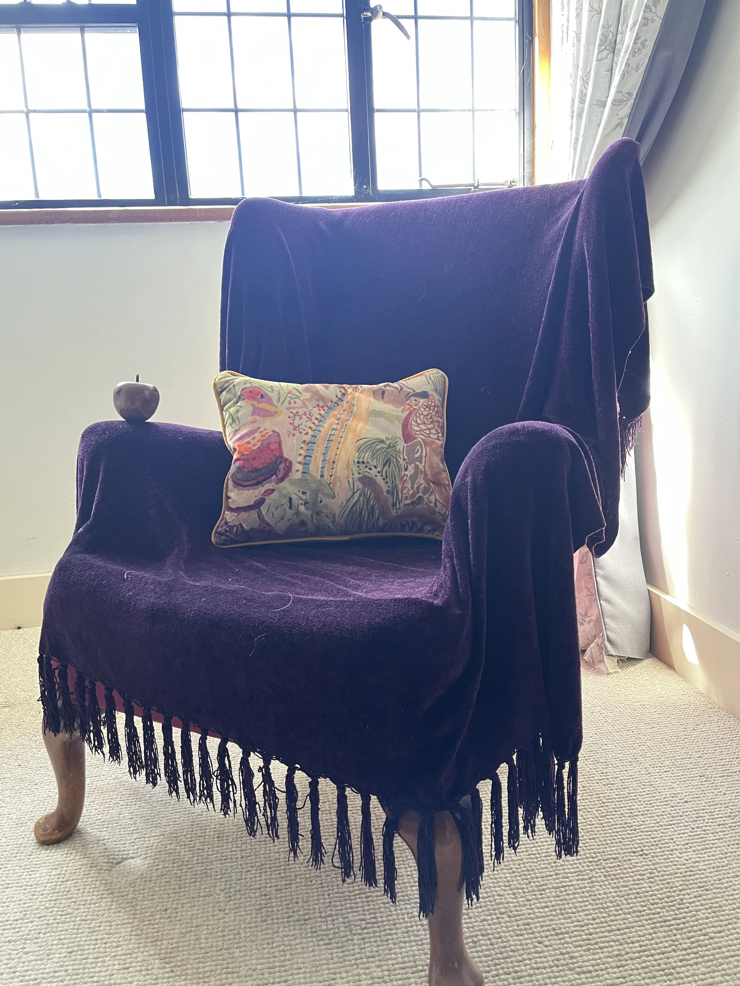 A vintage-style wooden armchair with a purple velvet cover, a fringed skirt at the bottom, and a decorative pillow featuring a colorful animal print resting on the seat. The chair is placed on a light-colored carpet, next to a window with metal bars and floral curtains.