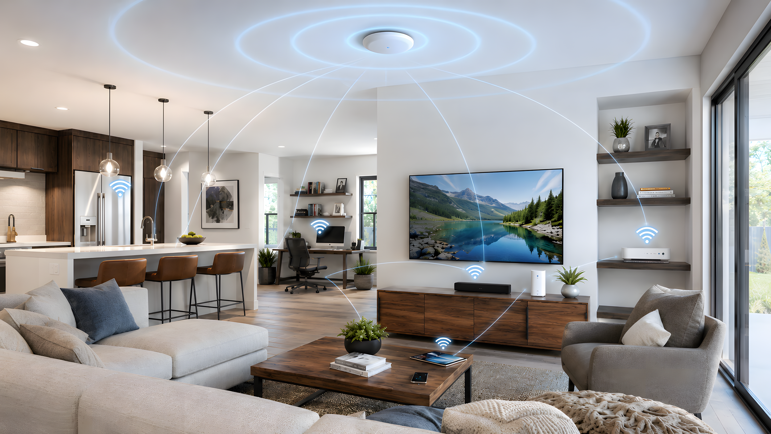 Modern open-concept living room and kitchen with smart home technology, including Wi-Fi symbols indicating wireless connectivity between devices such as a smart TV, speakers, and routers.