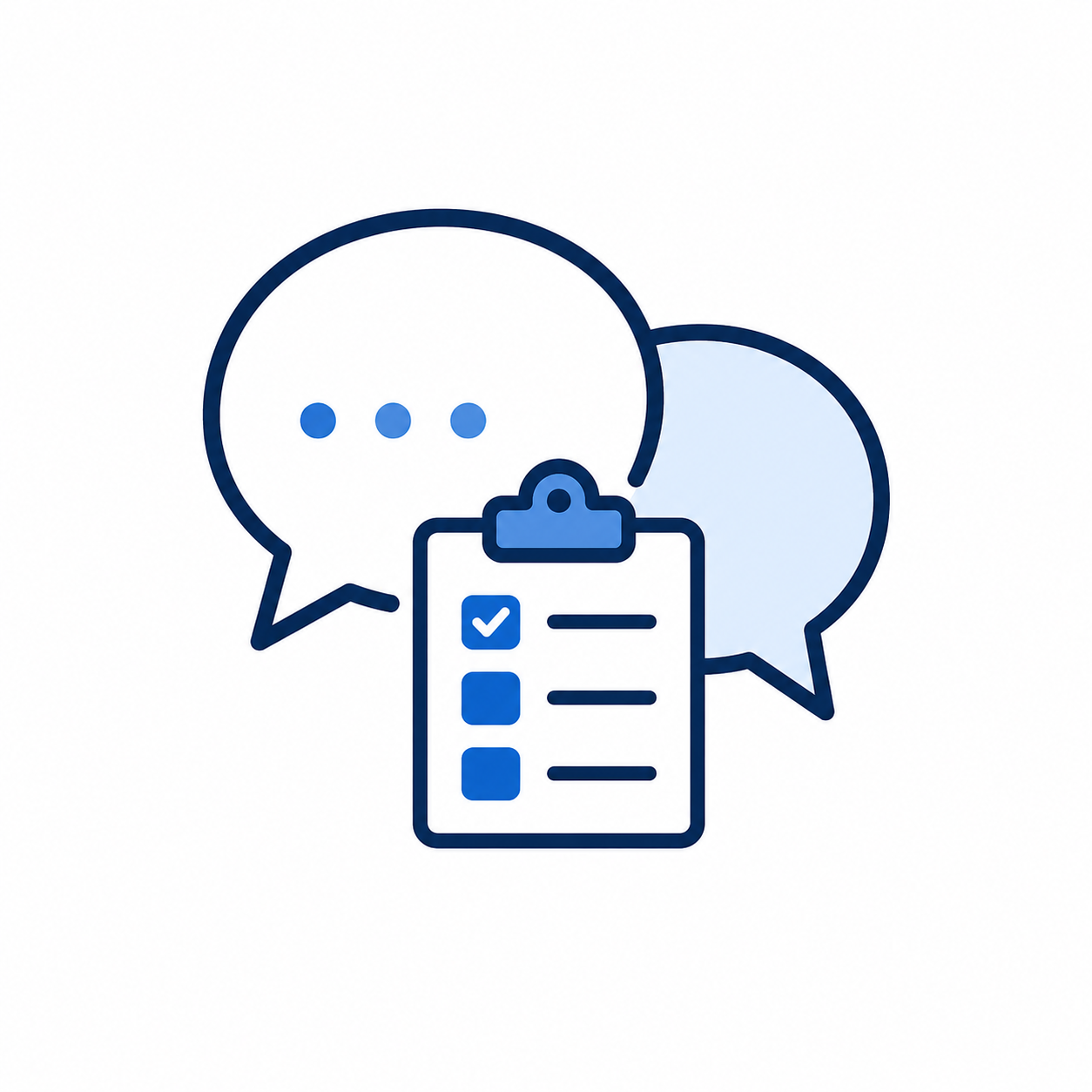 Chat conversation icons with speech bubbles and a checklist.