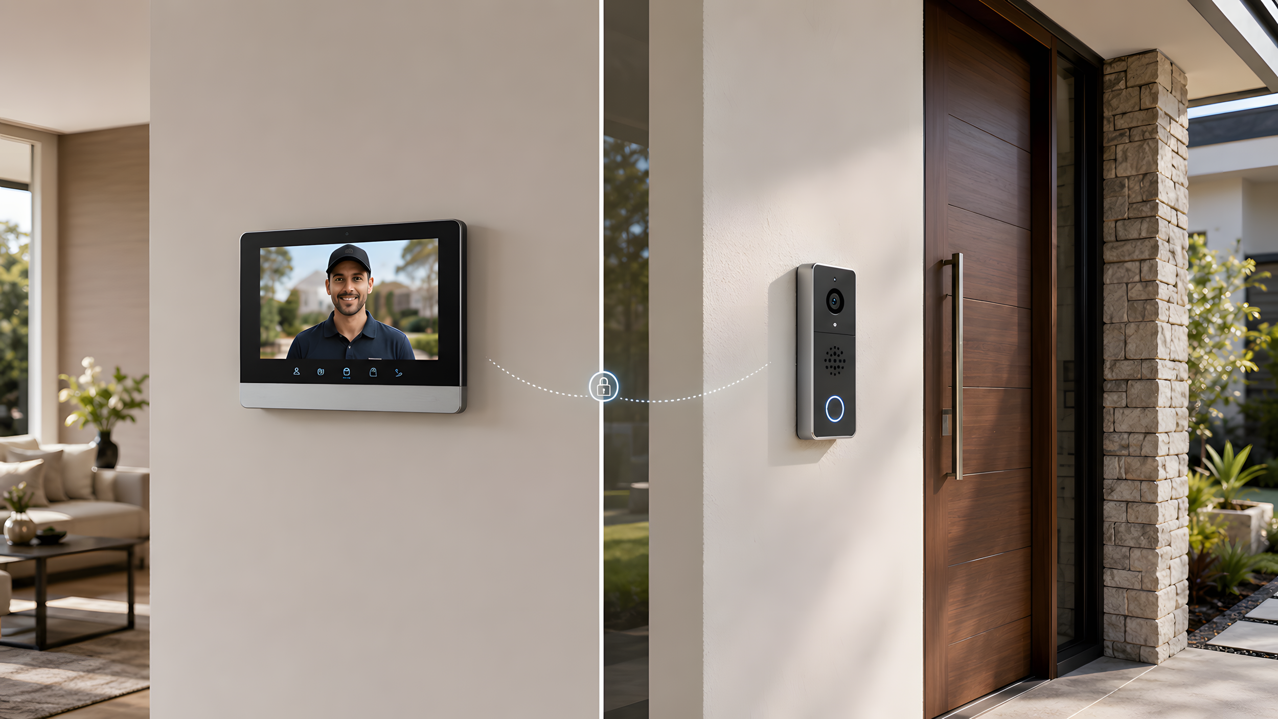 Split screen image showing an indoor video intercom system with a smiling delivery person on the screen on the left, and an outdoor smart doorbell with a camera and button on a modern front door on the right.