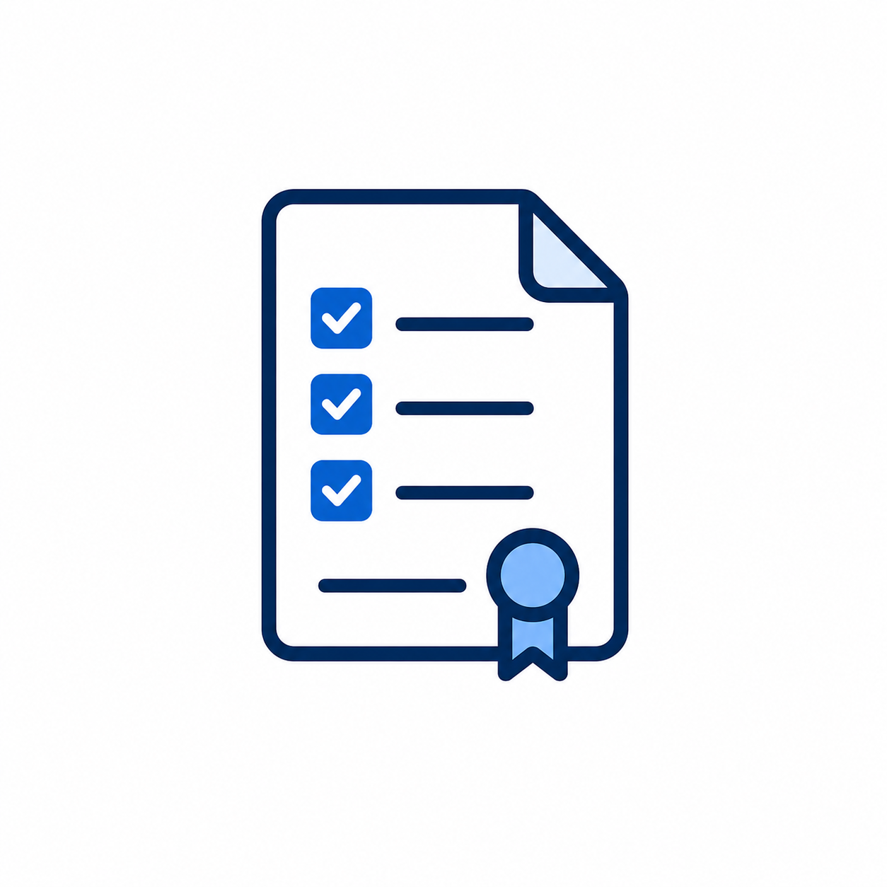 Icon of a checklist document with three checkmarks and a blue ribbon at the bottom