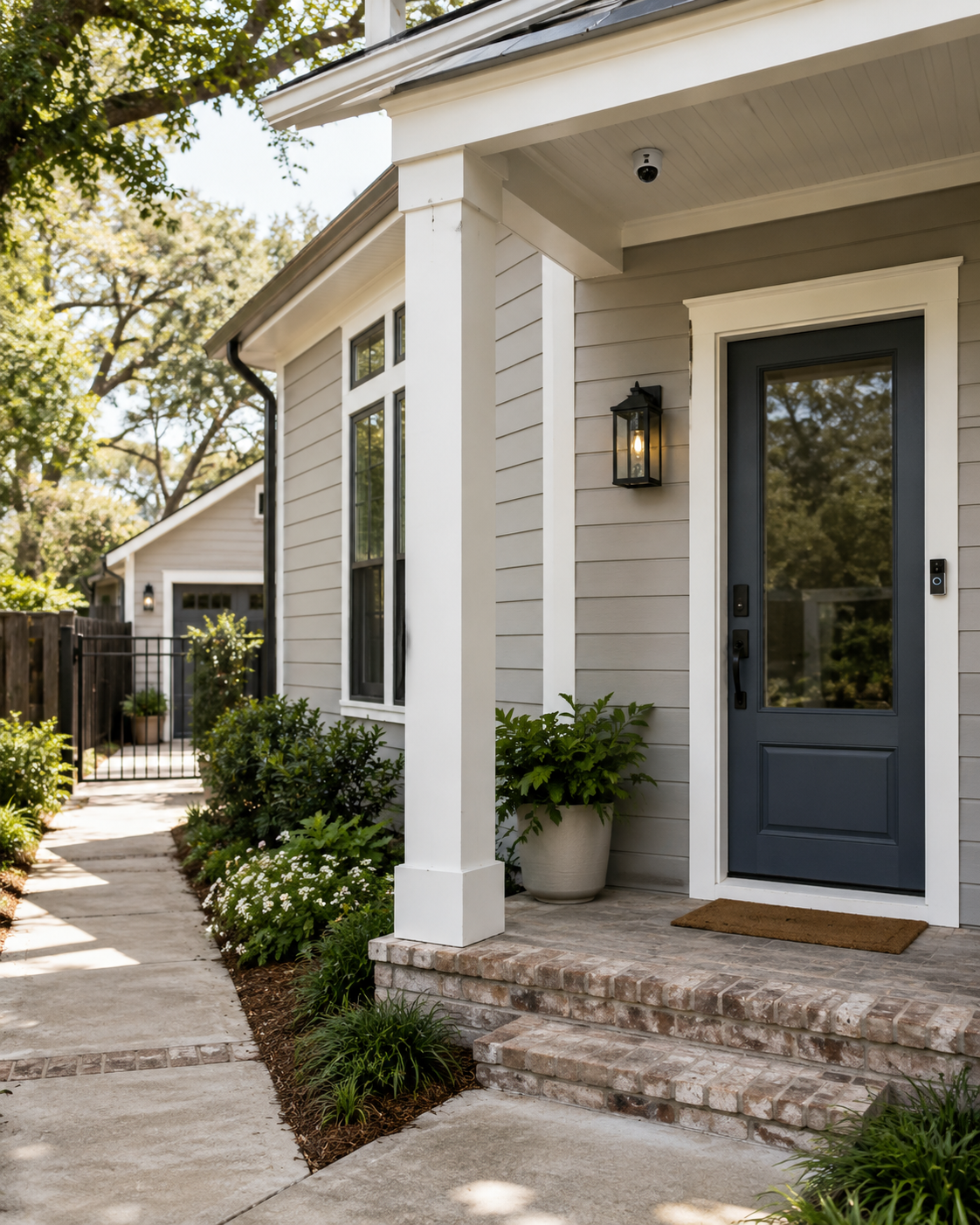 Front porch of a beige house with a dark blue door, black wall-mounted lantern, and potted plants, with a concrete pathway and garden plants.